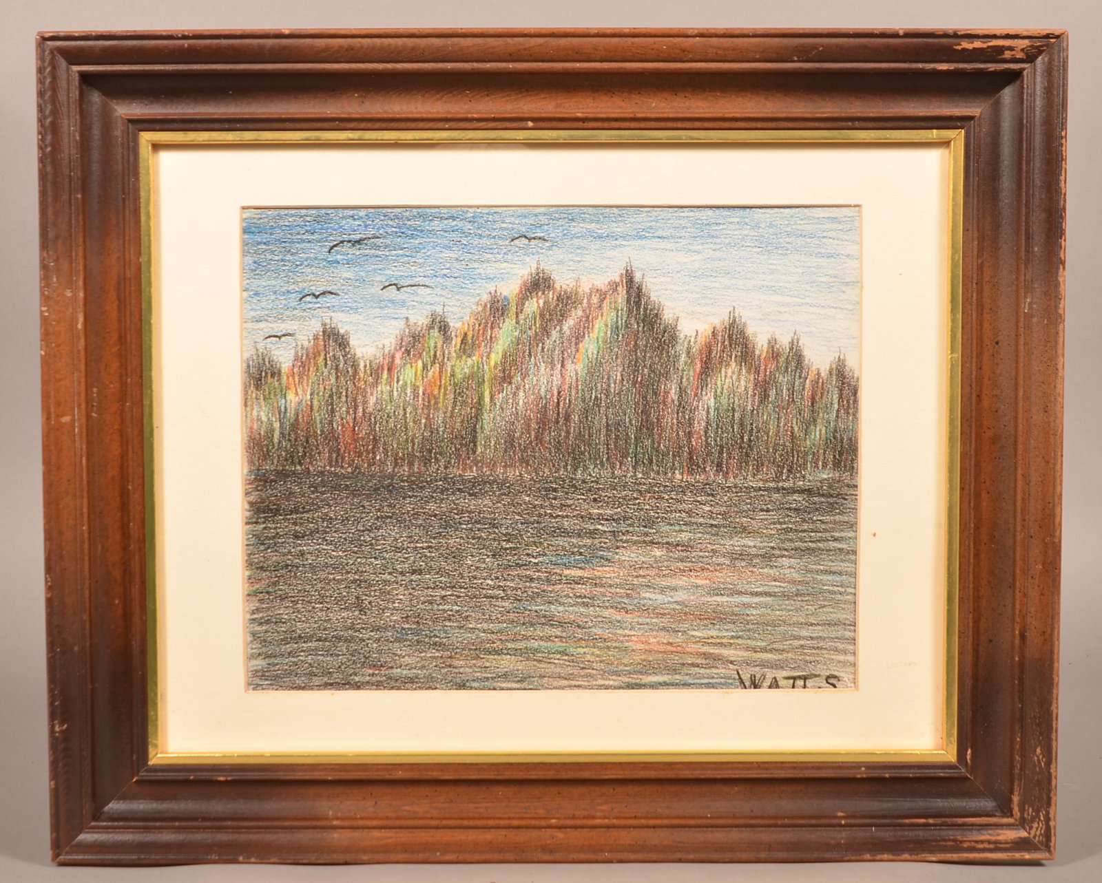 Willie Watts Crayon Landscape Drawing: Vintage Willie Watts Crayon Landscape Drawing. (Watts was an itinerant artist who worked in Southeast Pennsylvania and Maryland in the 1930's and 1940's. Condition: Good.