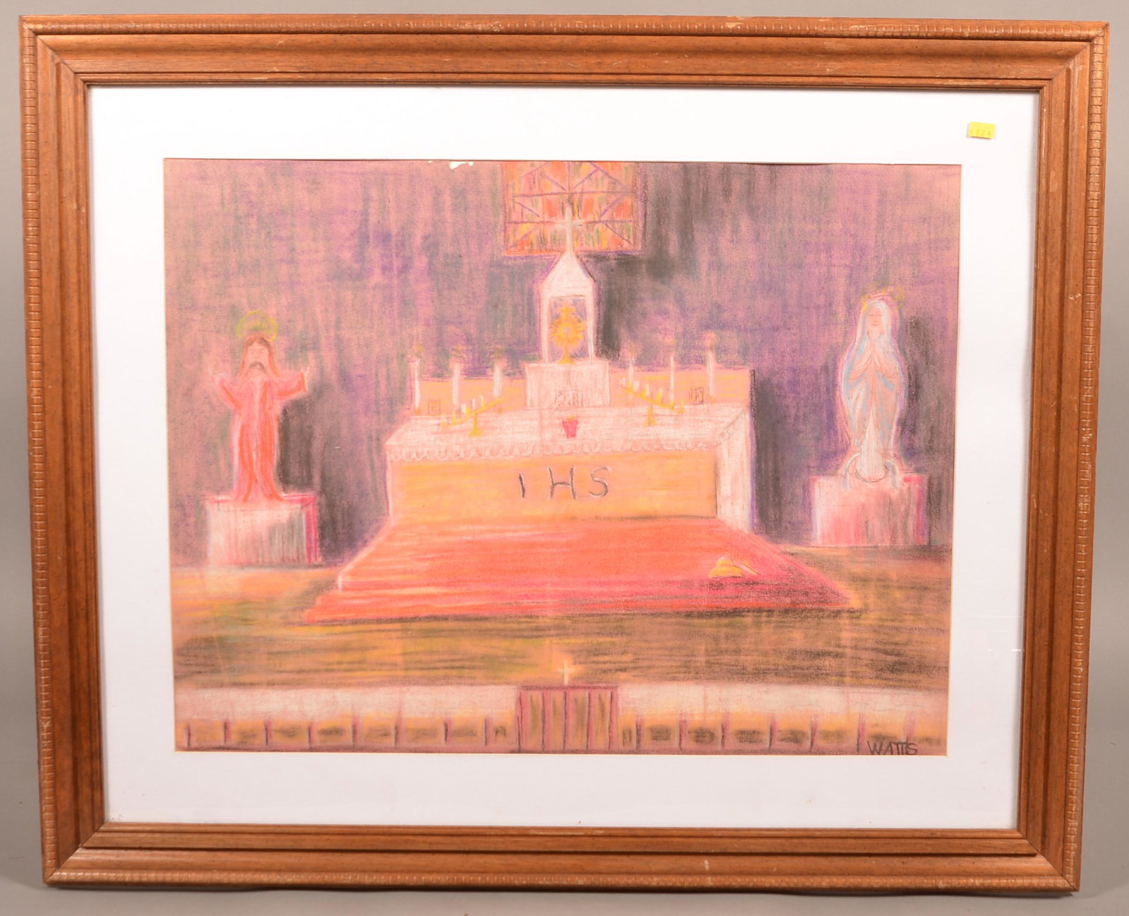 Willie Watts Crayon & Pastel Religious Scene: Willie Watts Crayon & Pastel Religious Scene. Framed and matted. 28"h.x34"w. overall. Condition: Good with loss to top edge.