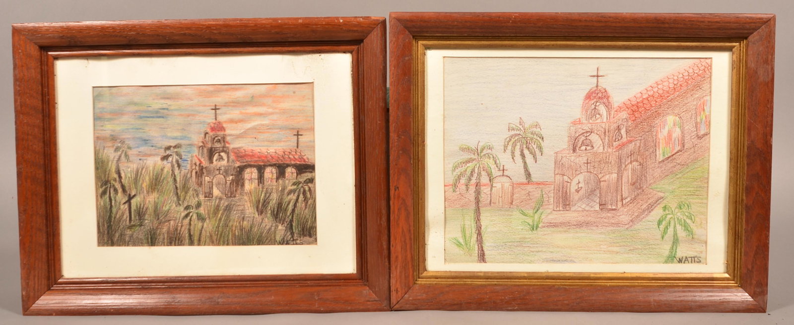 2 Willie Watts Church Scene Crayon Drawings: 2 Willie Watts Church Scene Crayon Drawings. Framed and matted. 15 1/4"h.x19 1/4"w. overall. Condition: Good, with warping.