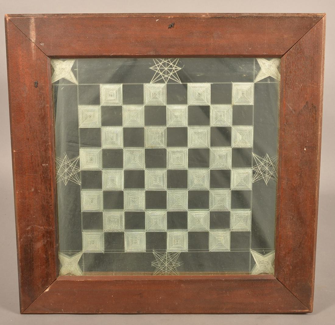 Antique Framed Etched Mirror Game Board.: Antique Framed Etched Mirror Game Board. 21-1/2"square. Condition: Good with wear.