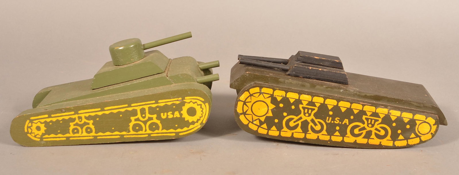 Two Wooden U.S. Army Tanks.: Two Wooden U.S. Army Tanks. 11"l. Condition: Good with wear.