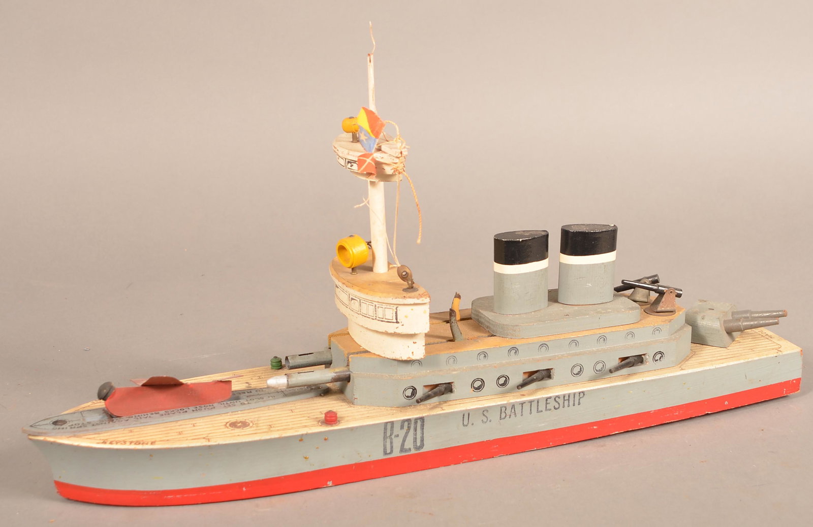 Keystone Painted Wood "B-20 U.S. Battleship" Toy.: Keystone Painted Wood "B-20 U.S. Battleship" Toy. 21"l. Condition: Good with wear.