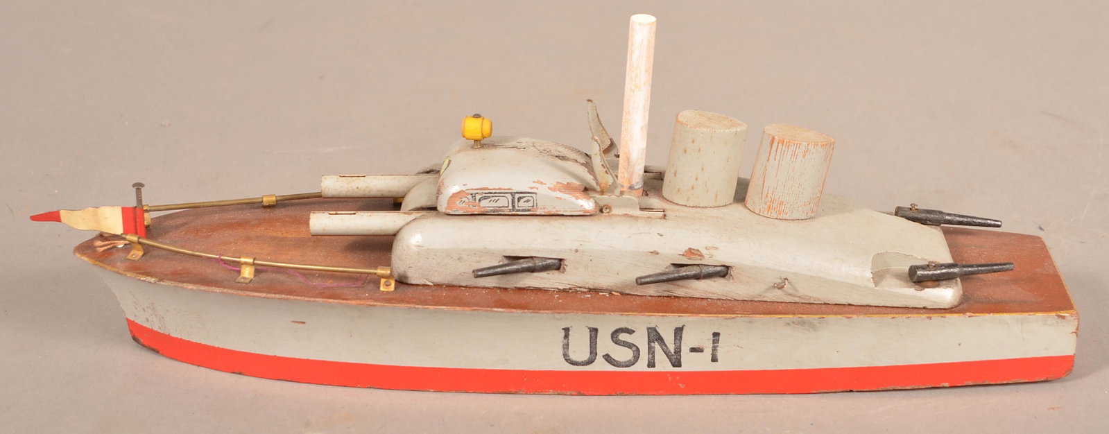 Keystone Painted Wood "USN-1" Warship Toy.: Keystone Painted Wood "USN-1" Warship Toy. 16"l. Condition: Good with wear.