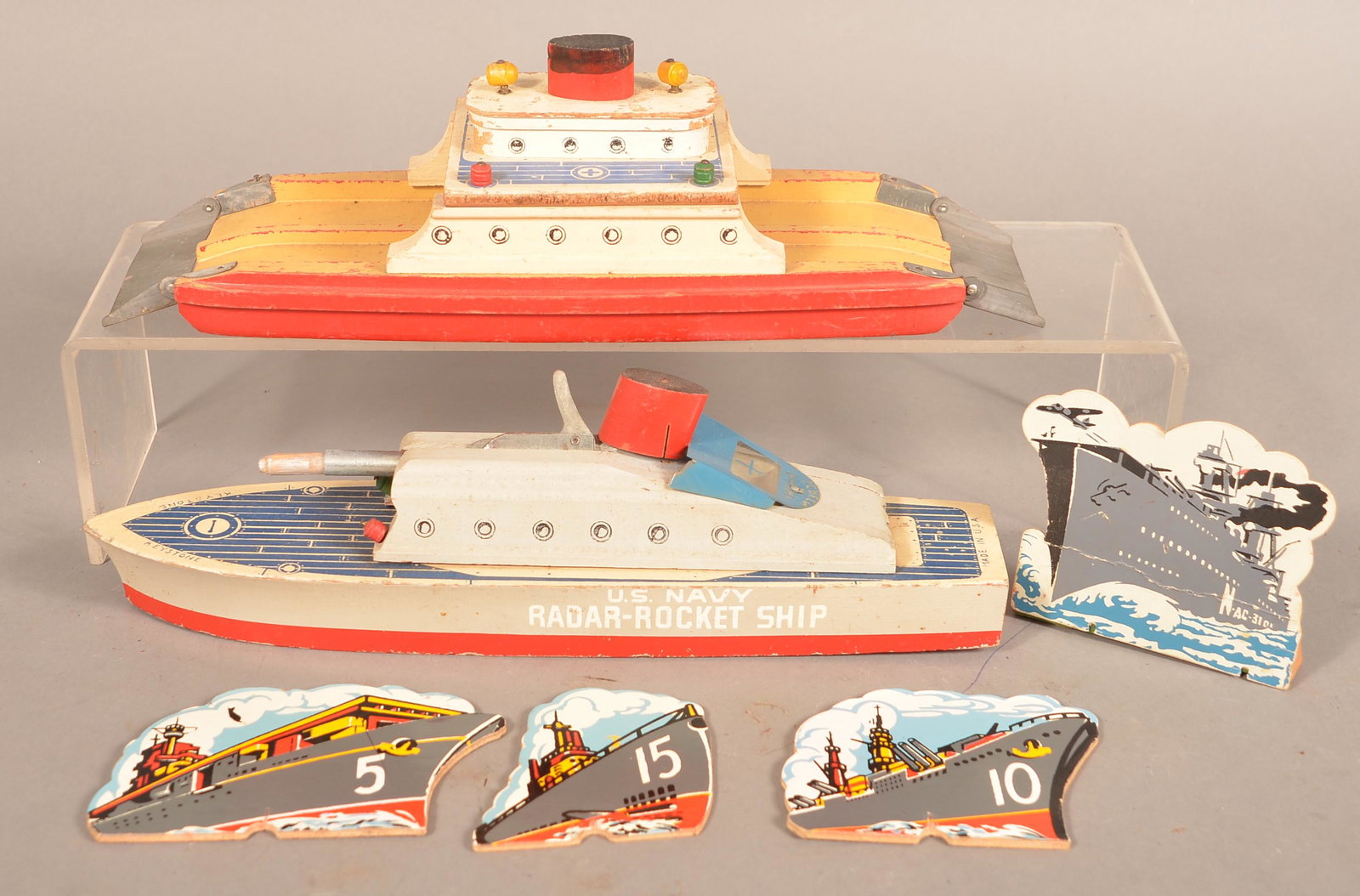 Keystone "US Navy Radar Rocket ship" & Ferryboat Toys.: Keystone Painted Wood "US Navy Radar Rocket ship" and Ferryboat Toys. With target ships. Largest 14"l. Condition: Good with wear.
