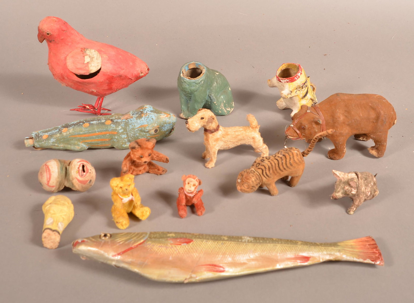 Antique Candy Containers and Miniature Stuffed Toys.: Lot of Antique Candy Containers and Miniature Stuffed Toys. Mostly German. Largest 13-1/2"l. Condition: Fair to good, several are incomplete.