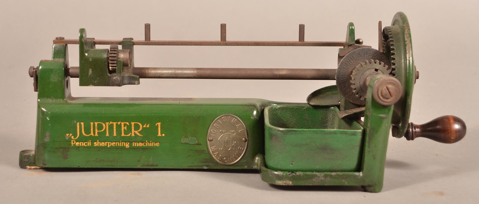 Gurl & Harbeck "Jupiter 1" Cast Metal Pencil Sharpener.: Gurl & Harbeck, Hamburg "Jupiter 1" Cast Metal Pencil Sharpener. 14"l. Condition: Good with use wear.
