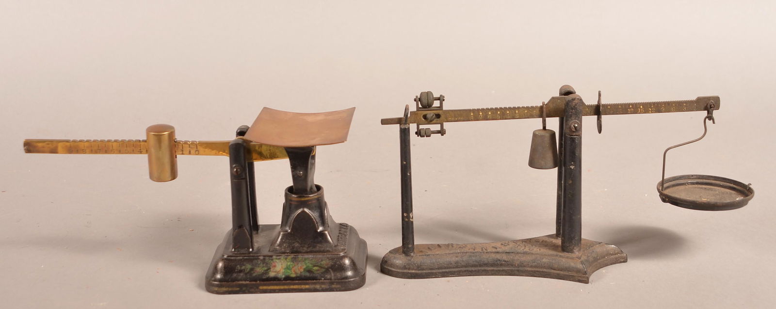Two Antique Fairbanks Cast Iron Beam Scales.: Two Antique Fairbanks Cast Iron Beam Scales. Tallest 5-1/4"h. Condition: Good with light scattered rust and use wear.