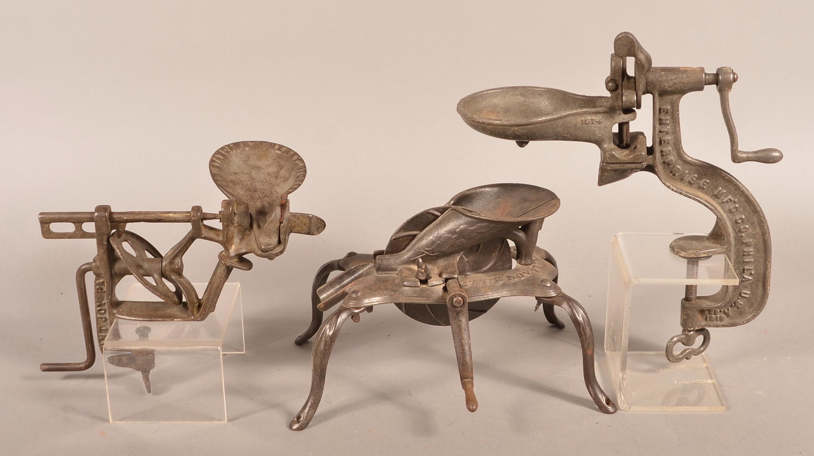 3 Various Antique Cast Metal Mechanical Cherry Seeders.: Three Various Antique Cast Metal Mechanical Cherry Seeders. Tallest 13"h. Condition: Good with scattered rust and use wear.