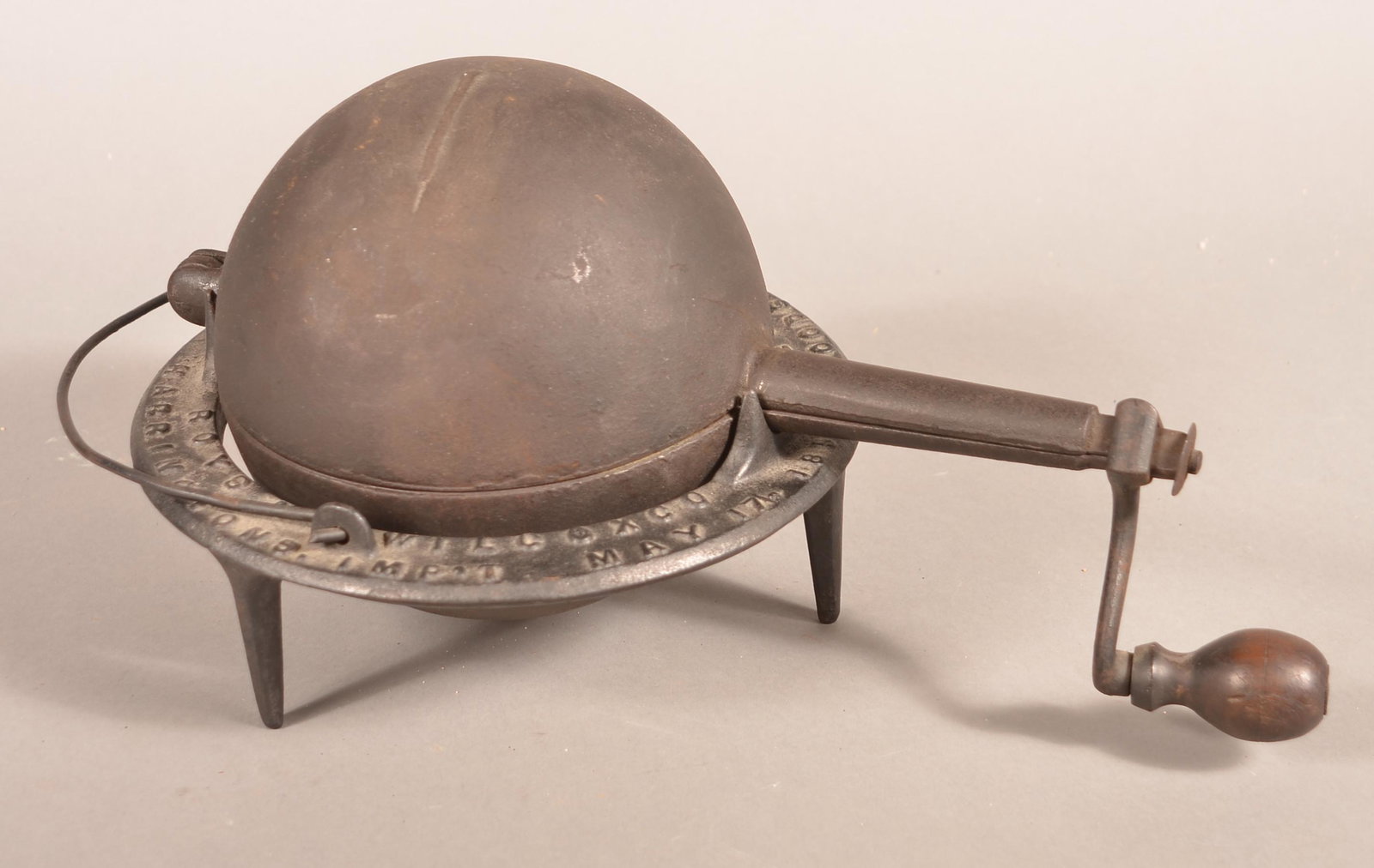 Antique Roys & Wilcox Cast Iron Coffee Roaster.: Antique Roys & Wilcox Cast Iron Coffee Roaster. Berlin, Conn., Patent May 17, 1859. 8"h. x 16"l. Condition: Good with light scattered rust and use wear.