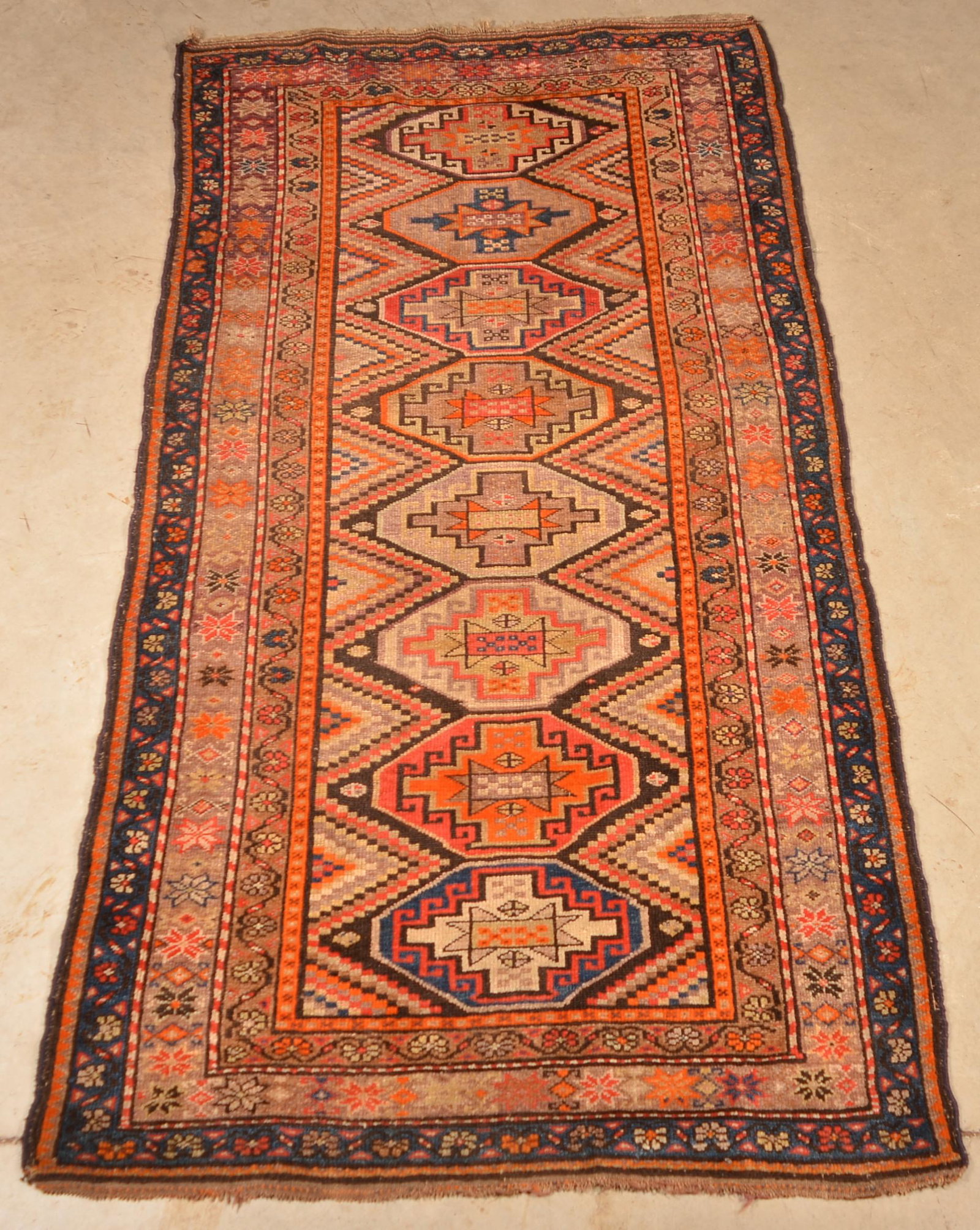 Antique/Vintage Oriental Geometric Pattern Area Rug.: Antique/Vintage Oriental Geometric Pattern Area Rug. 3'11" x 8'3". Condition: Good with wear.