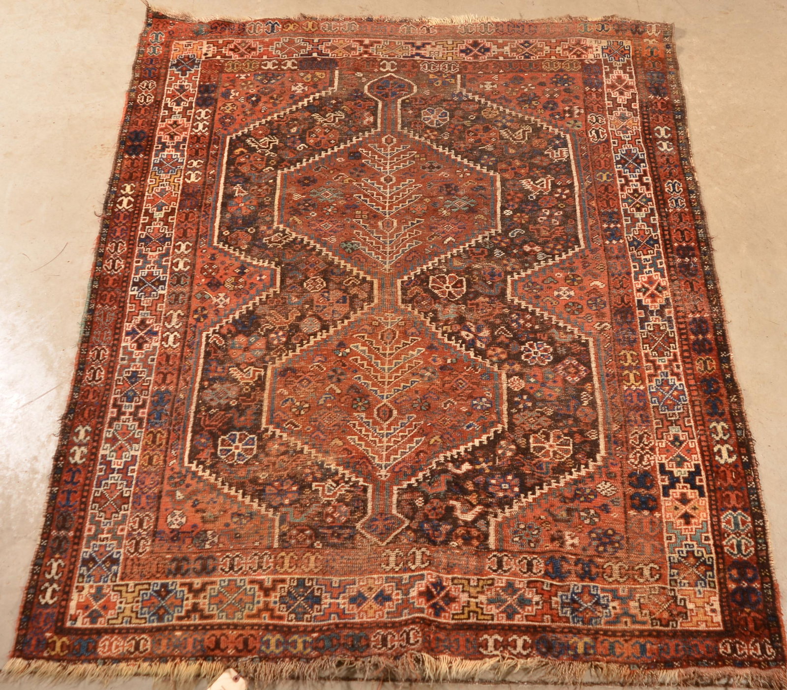 Antique/Vintage Oriental Geometric Pattern Area Rug.: Antique/Vintage Oriental Geometric Pattern Area Rug. 5'5" x 6'10". Condition: Good with wear.