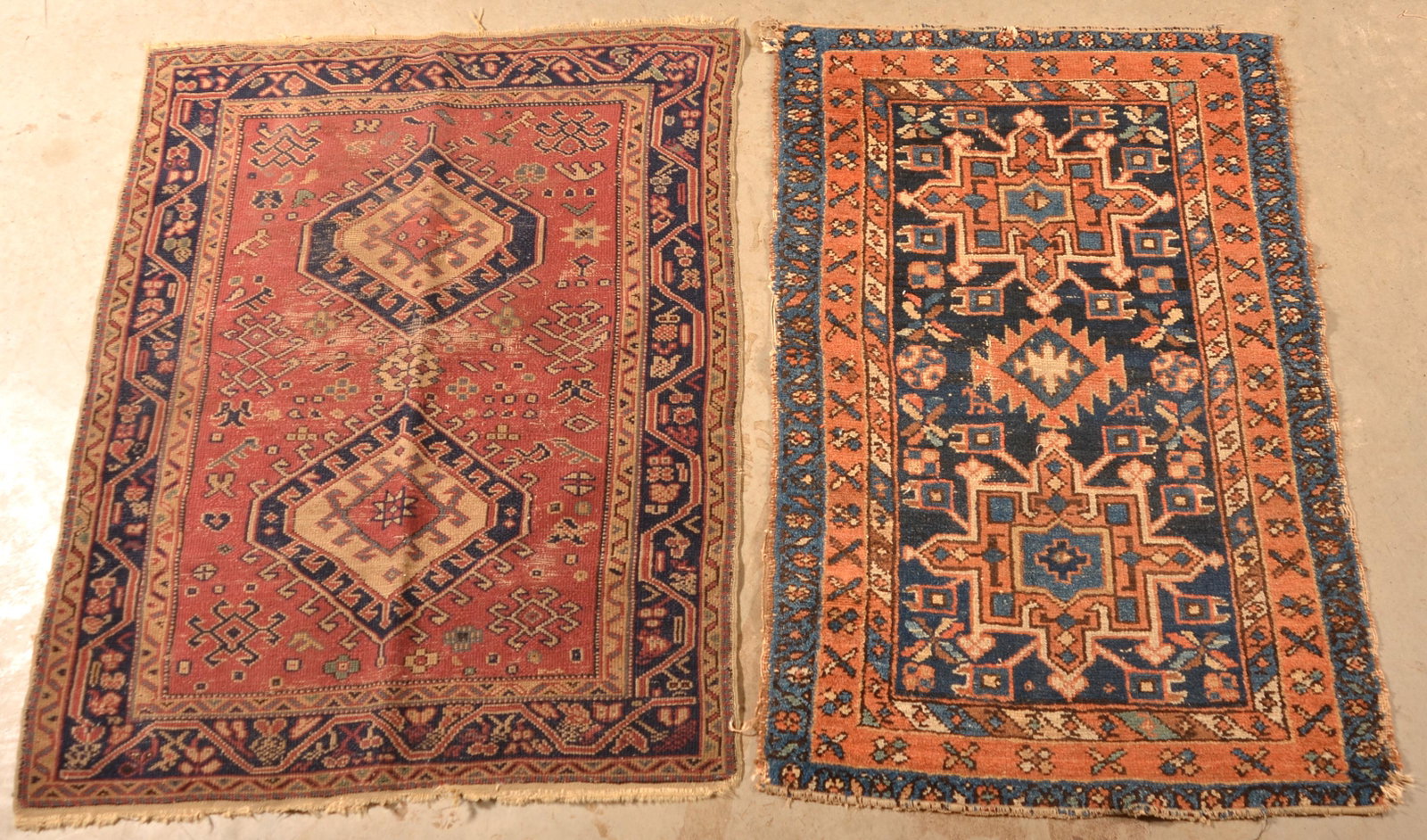 2 Antique/Vintage Oriental Geometric Pattern Area Rugs.: Two Antique/Vintage Oriental Geometric Pattern Area Rugs. 3'3" x 4'2" and 2'9" x 4'3". Condition: Good with wear.