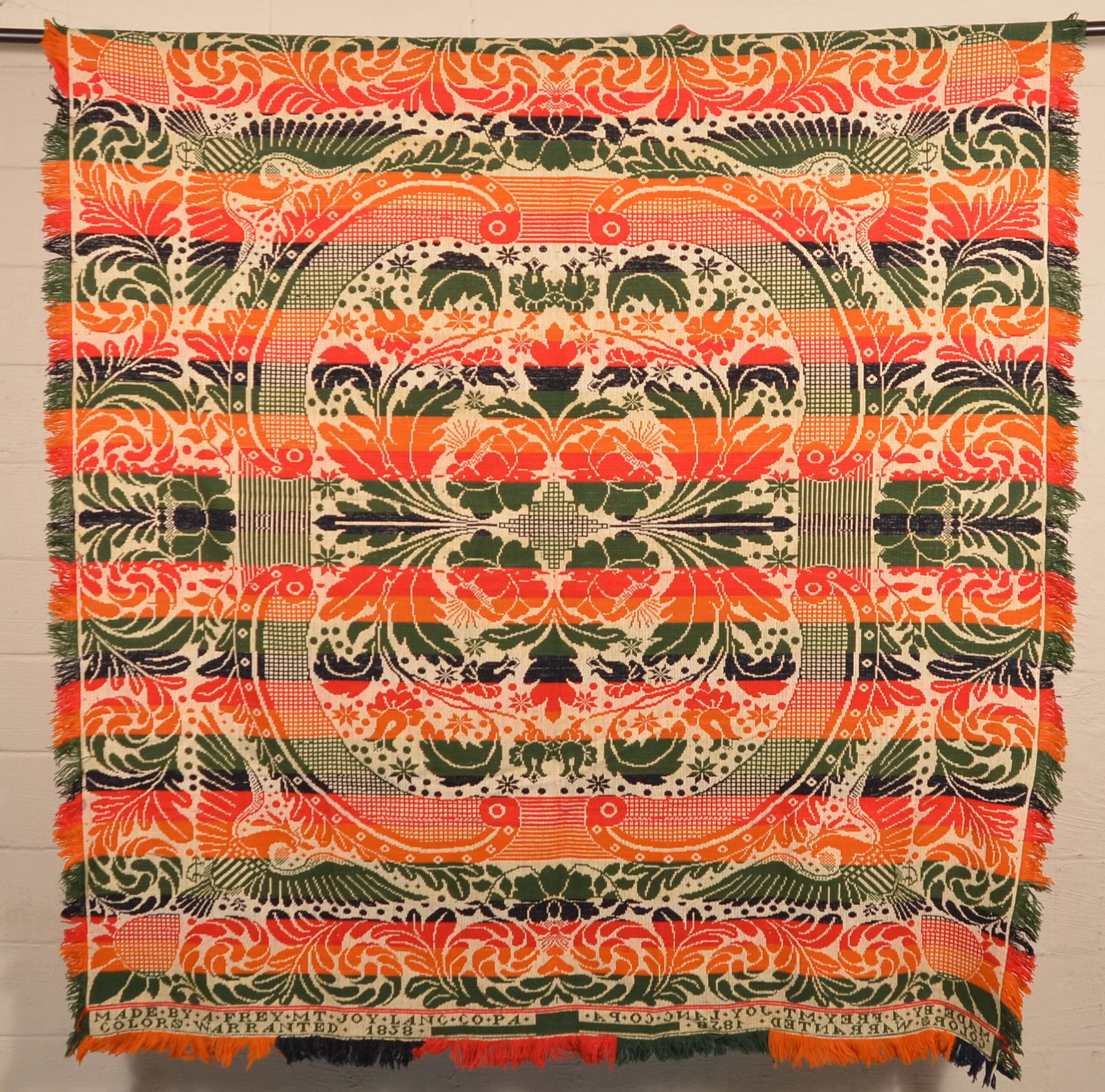 A. Frey, Mt. Joy, PA 1858 Coverlet.: A. Frey, Mt. Joy, PA 1858 Coverlet. 76" x 79". Condition: Very good with some wear.