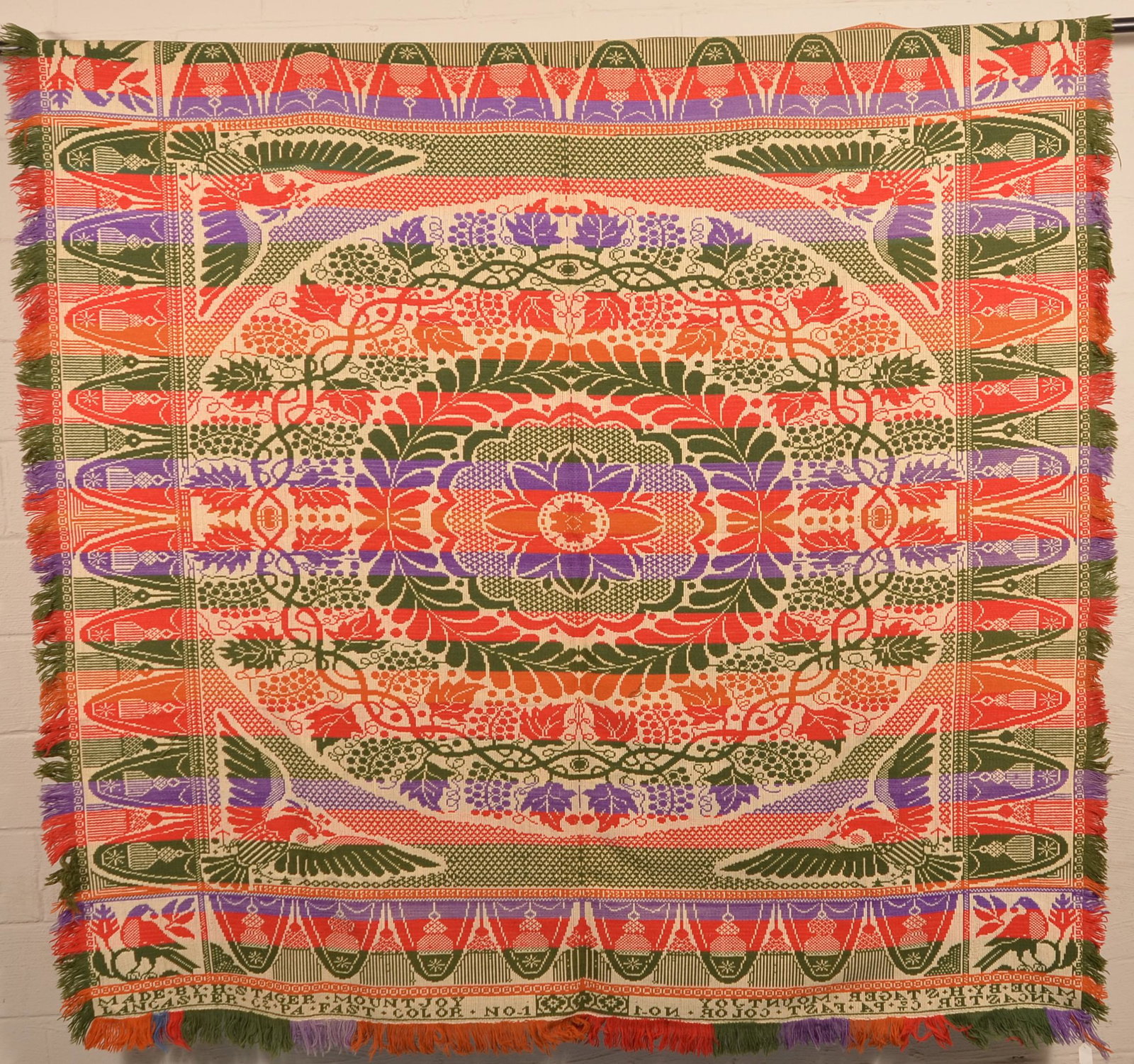 H. Stager Antique Center Medallion Jacquard Coverlet.: Antique Center Medallion Jacquard Coverlet. Made by H. Stager, Mount Joy, Lancaster, PA, Fast Color No. 1, 80" square. Condition: Good.