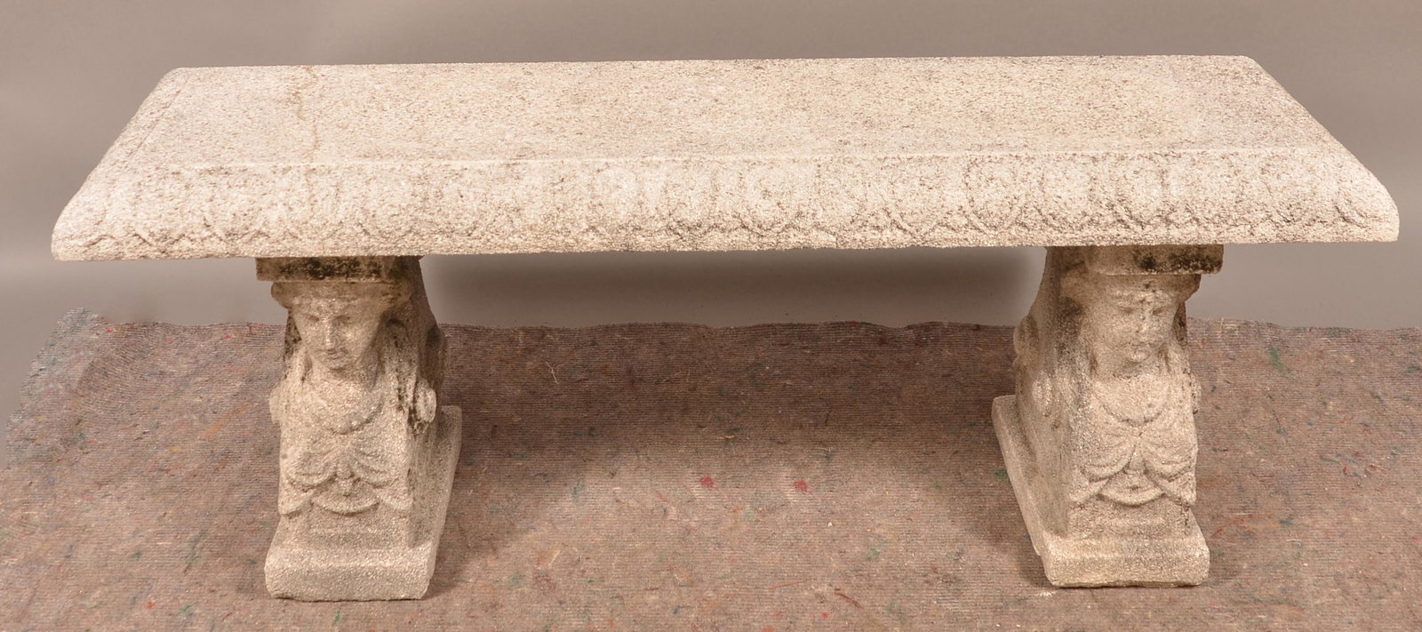 Concrete Garden Bench with Caryatid Supports.: Concrete Garden Bench with Caryatid Supports. 27-1/2"h. x 36-1/2"w. x 19"d. Condition: Good with wear and loss. Repair to seat.