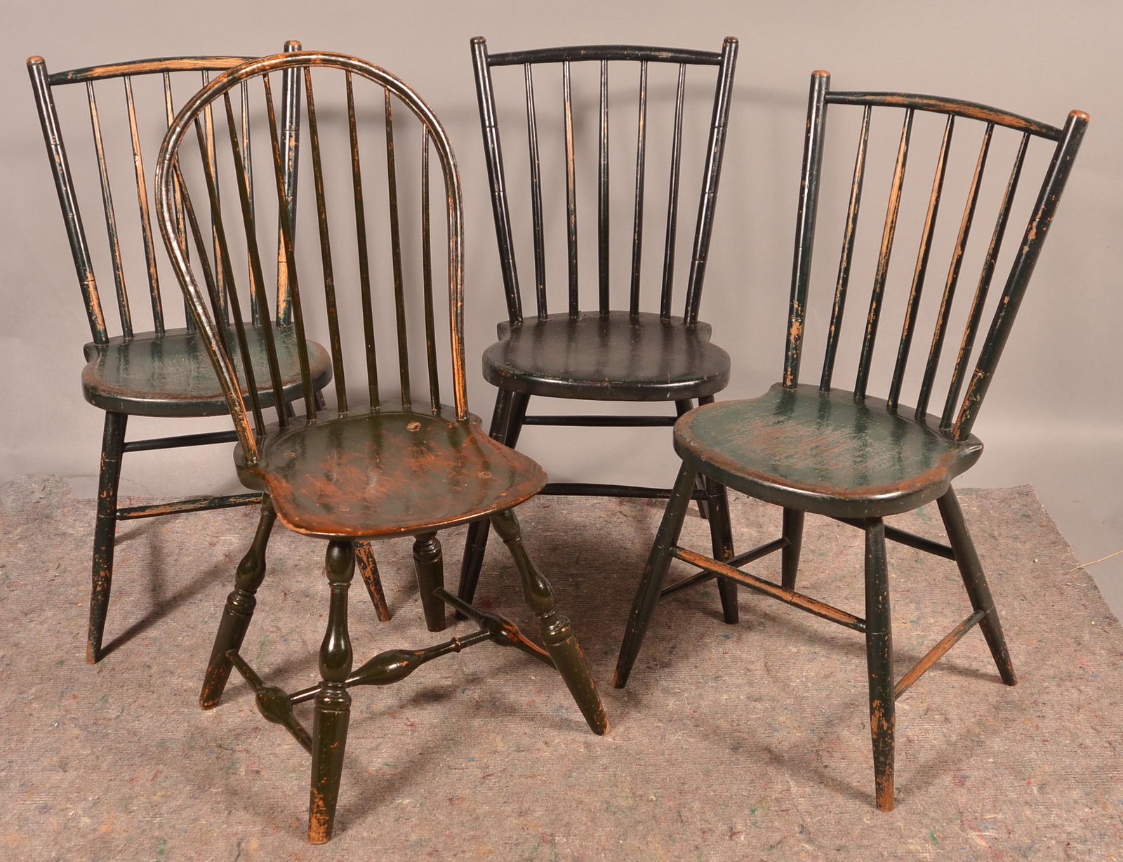 Four Various Antique Windsor Sidechairs.: Four Various Antique Windsor Sidechairs. Seat height 16-1/2" to 17"h. largest overall 37"h. Condition: Good with wear.