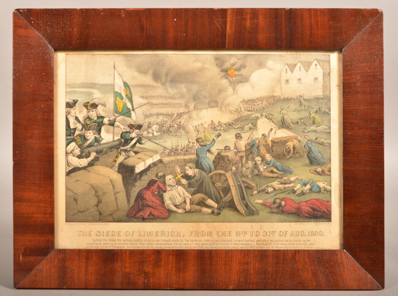 The Siege of Limerick Currier & Ives Color Lithograph.: The Siege of Limerick Currier & Ives Hand Colored Lithograph. "The Siege of Limerick, From the 9th to 31st of August, 1690". In a mahogany veneered frame, 13" x 17" overall. Condition: Good with tonin
