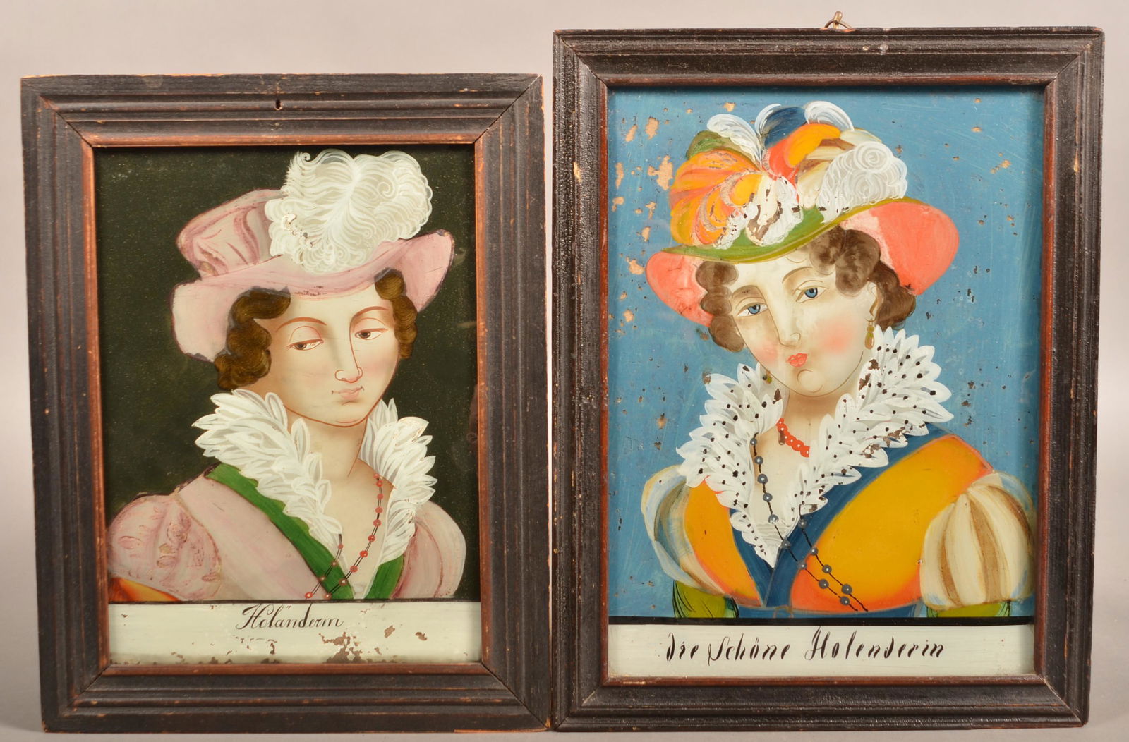 2 Reverse Paintings on Glass Portraits of Young Ladies. (1 of 3)