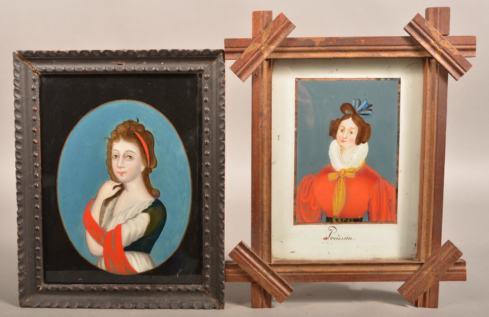 2 Reverse Paintings on Glass Portraits of Young Ladies. (1 of 3)