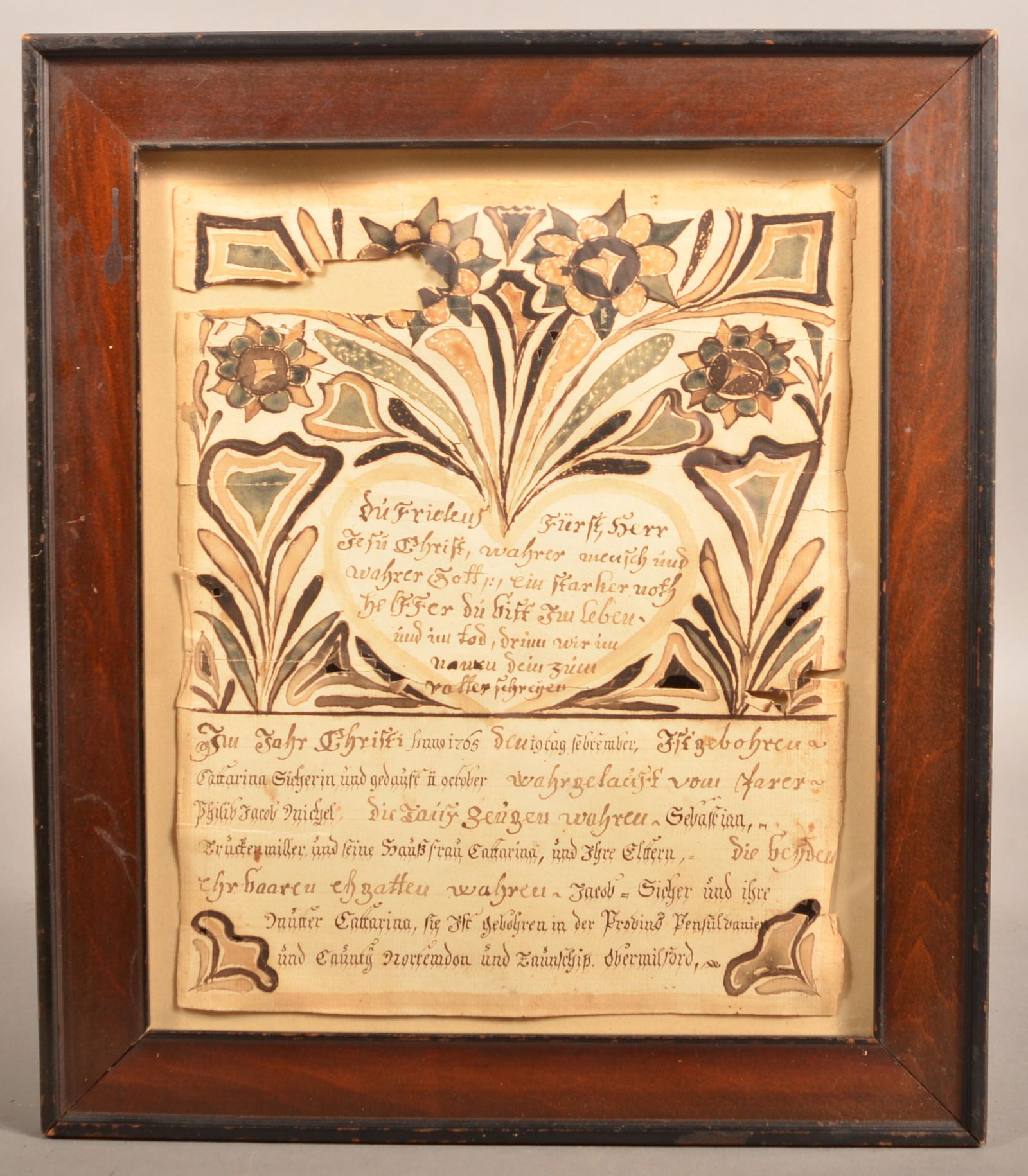 Northampton County, PA Watercolor Fraktur Dated 1765. (1 of 6)