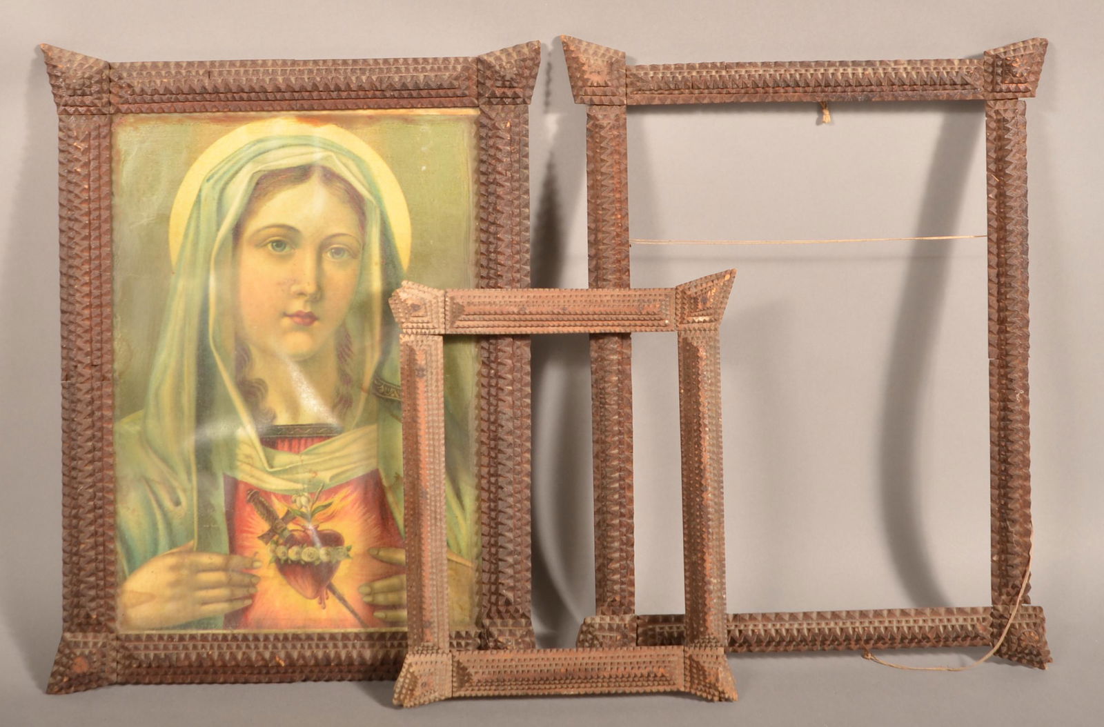 Three Antique Tramp Art Picture Frames. (1 of 2)