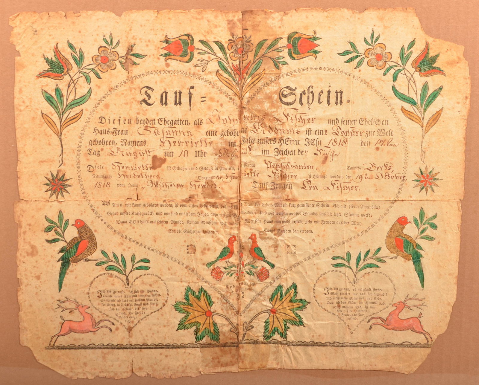 J. Baumann Printed and Hand-Colored Taufschein. (1 of 4)