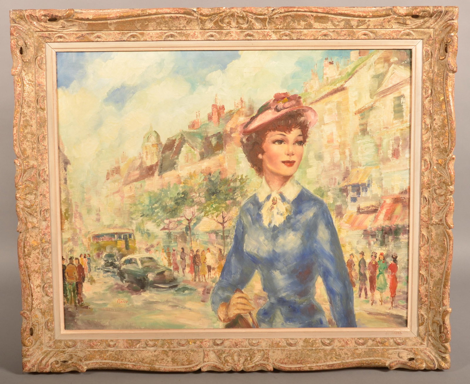Cherie Mid 20th Century Oil on Canvas of Paris Girl.: Cherie Mid 20th Century Oil on Canvas of Paris Girl. Signe lower left "Cherie" (Gustave Cherie, French, b. 1908). Titled and artist name on verso "#5 Paris Girl By Cherie (Vienna)". In a carved frame 