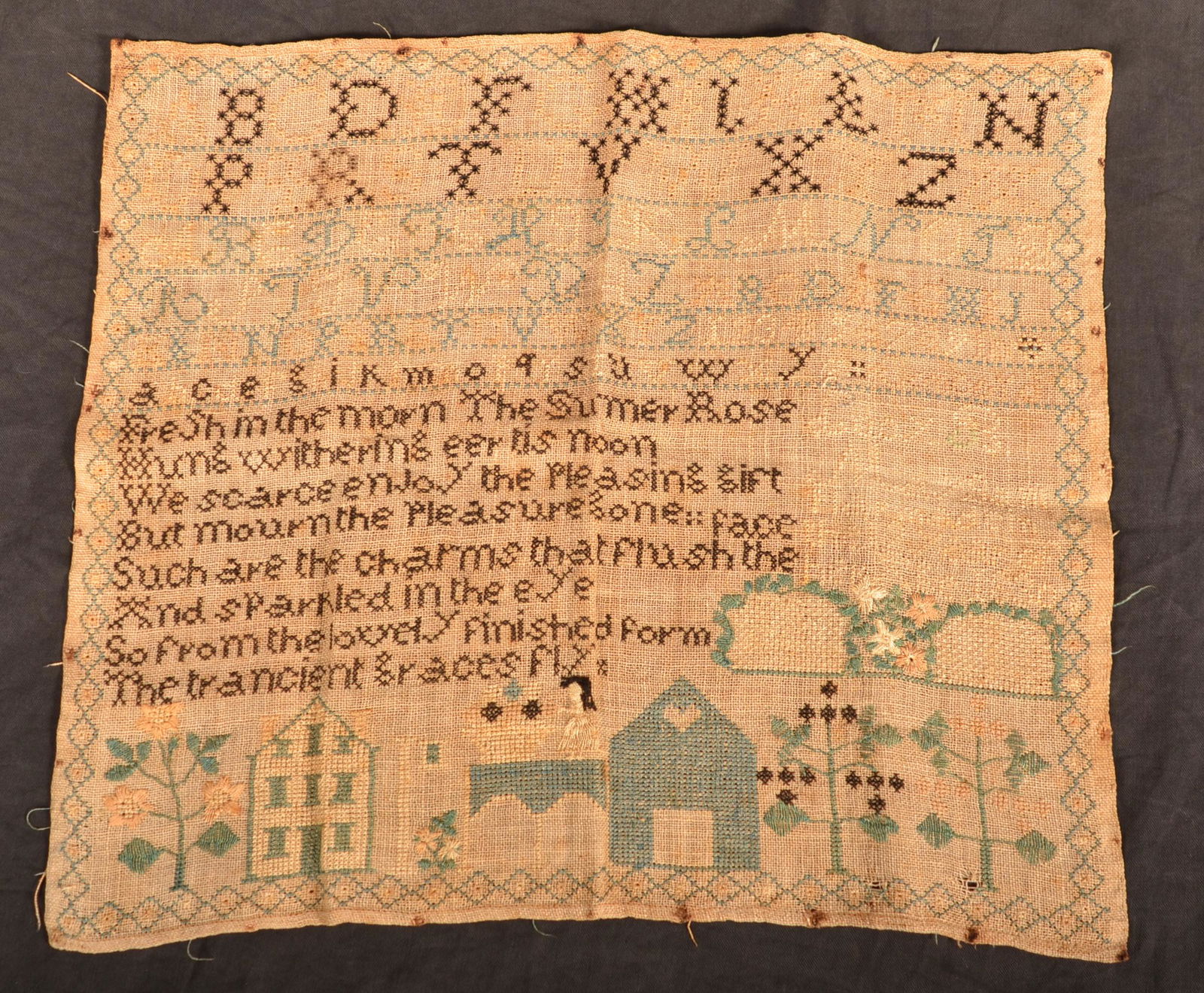 Lucy B. 1830 Alphabet/Poem Pictorial Sampler. (1 of 8)