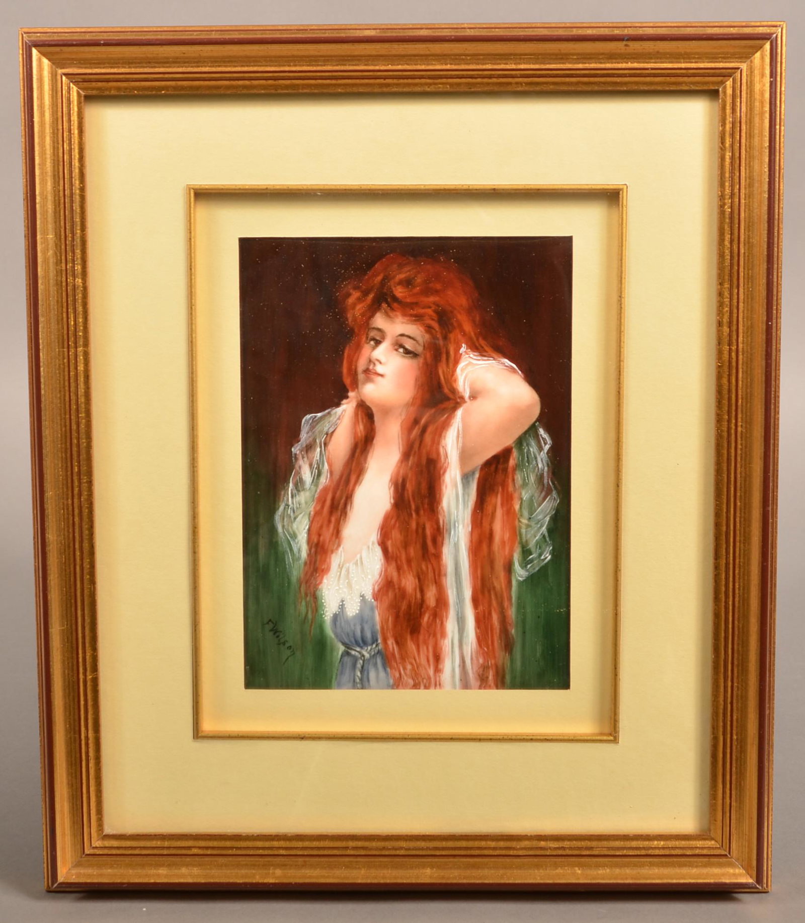 F. Wilson Antique Portrait Painting on Porcelain.: F. Wilson Antique Portrait Painting on Porcelain. Depicts a red haired beautiful young lady. Framed and matted, 14"h. x 12"w. overall. Condition: Very good.