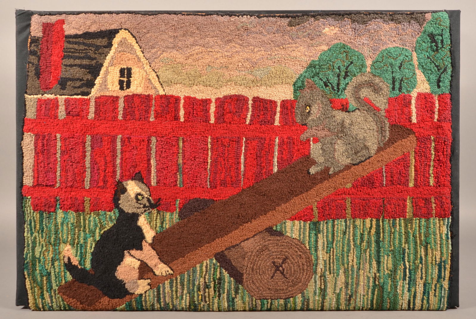 Vintage Cat and Squirrel on See-Saw Hooked Rug. (1 of 4)