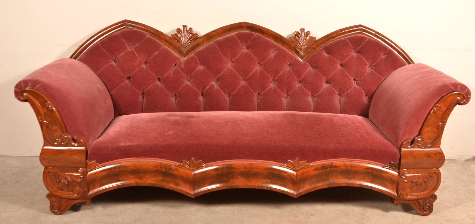 American Gothic Revival Flame Mahogany Veneer Sofa. (1 of 5)