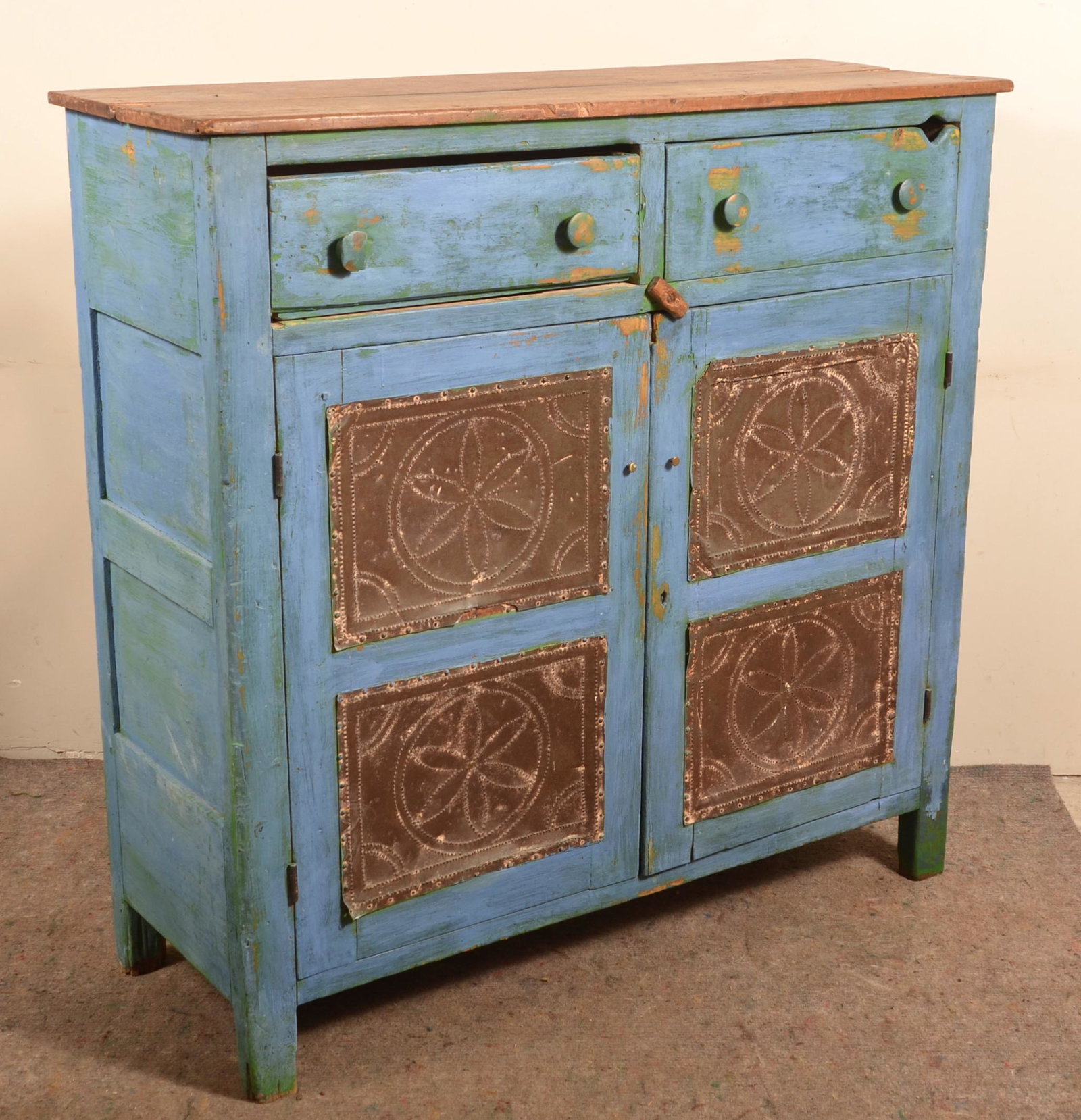 Antique Blue Painted Softwood Punched Tin Pie Safe. (1 of 8)
