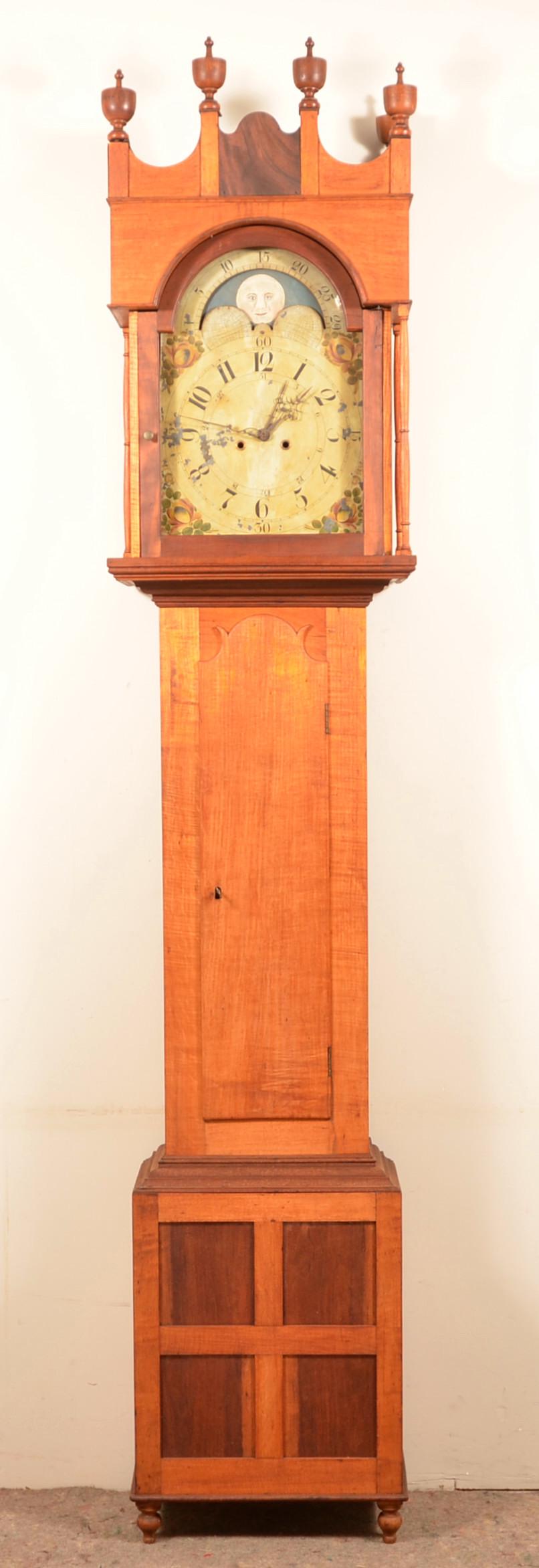 PA Sheraton Tiger Maple and Mahogany Tall Case Clock. (1 of 9)