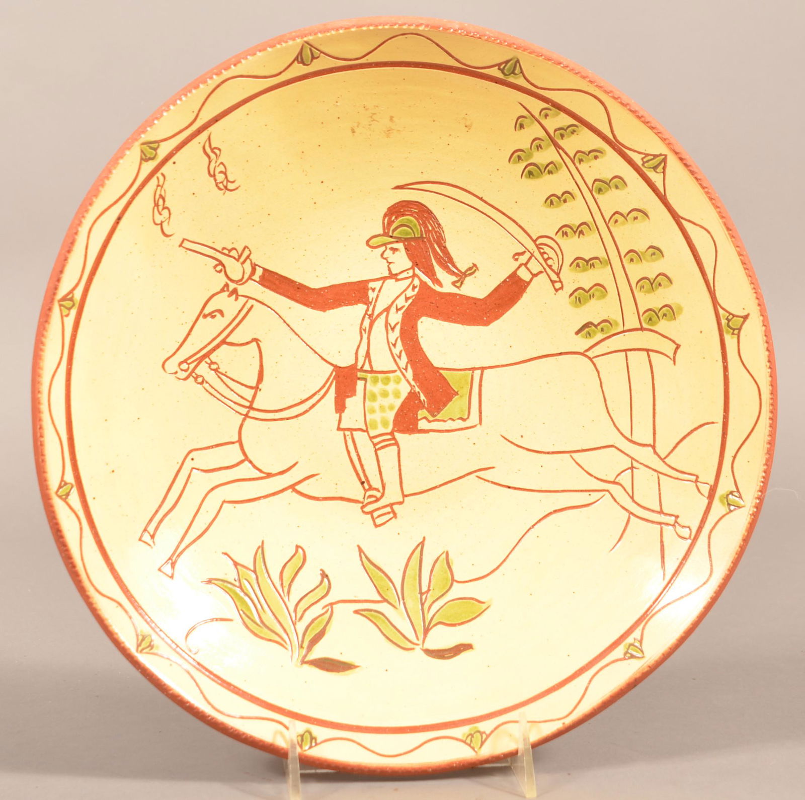 1980 D. Long Redware Sgrafitto Decorated Charger. (1 of 3)