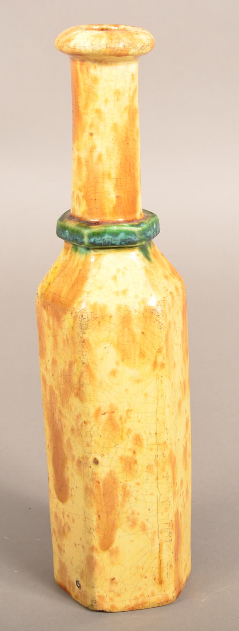 Antique Mottle Glazed Earthenware Paneled Bottle. (1 of 3)