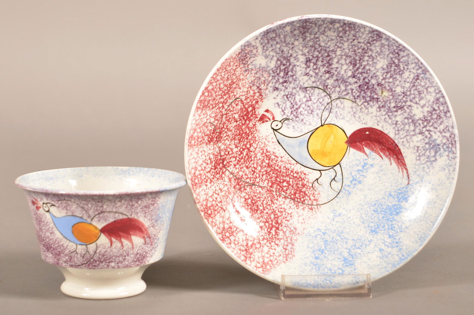3-Color Spatterware China Peafowl Cup and Saucer. (1 of 3)