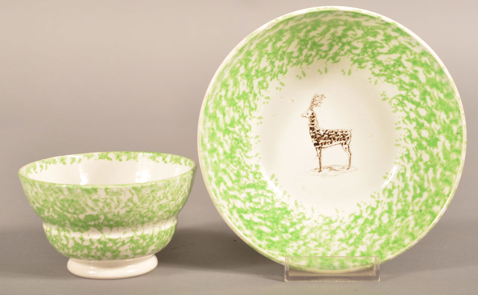 Green Sponge China Deer Pattern Cup and Saucer. (1 of 3)