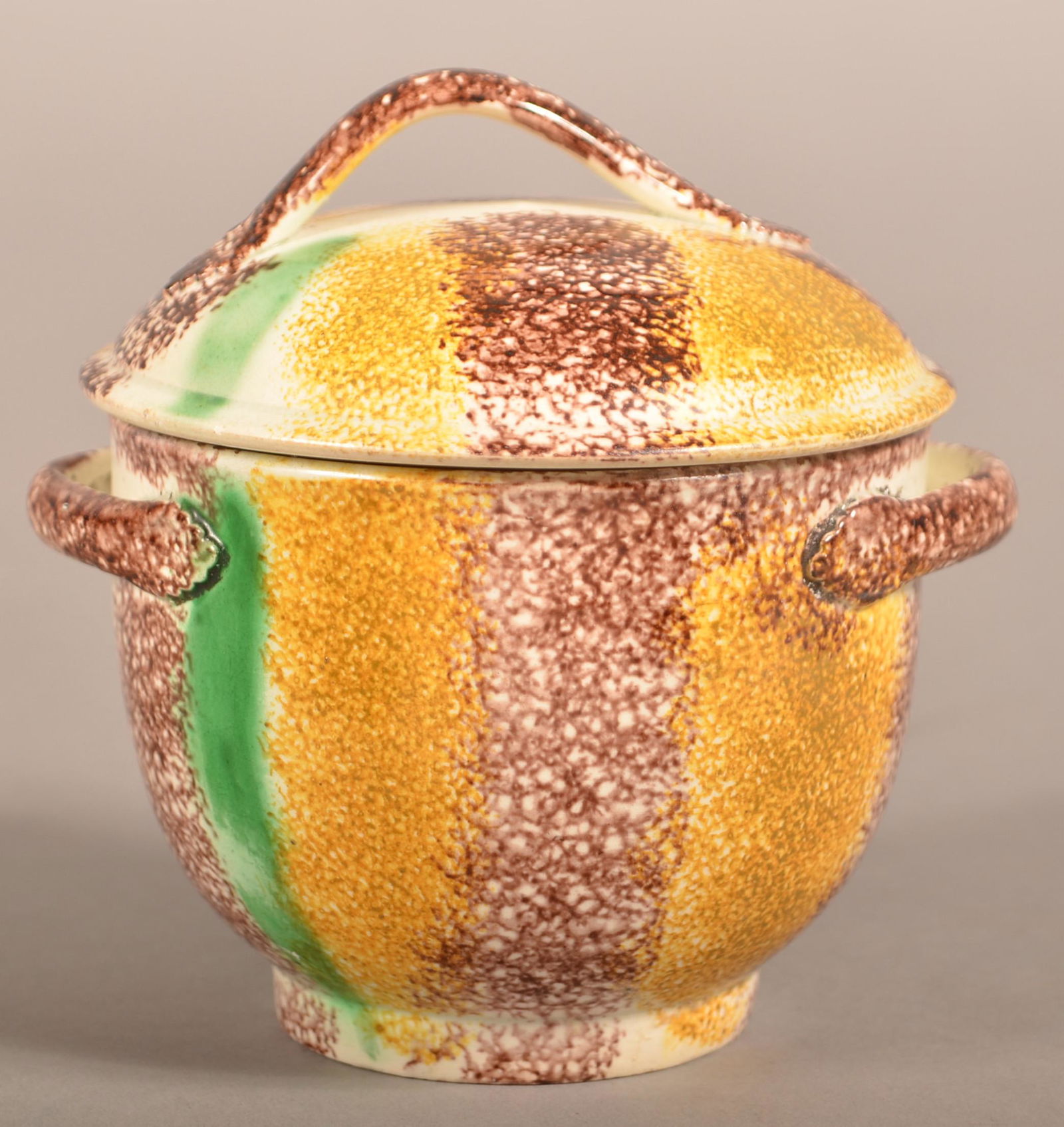 Leeds Type Rainbow Spatter China Covered Sugar Bowl. (1 of 4)