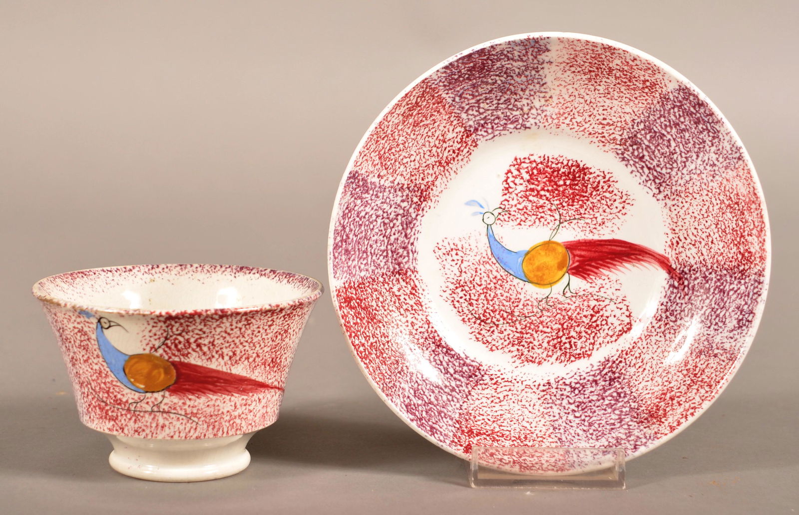 Purple & Red Rainbow Spatter Peafowl Cup & Saucer. (1 of 3)