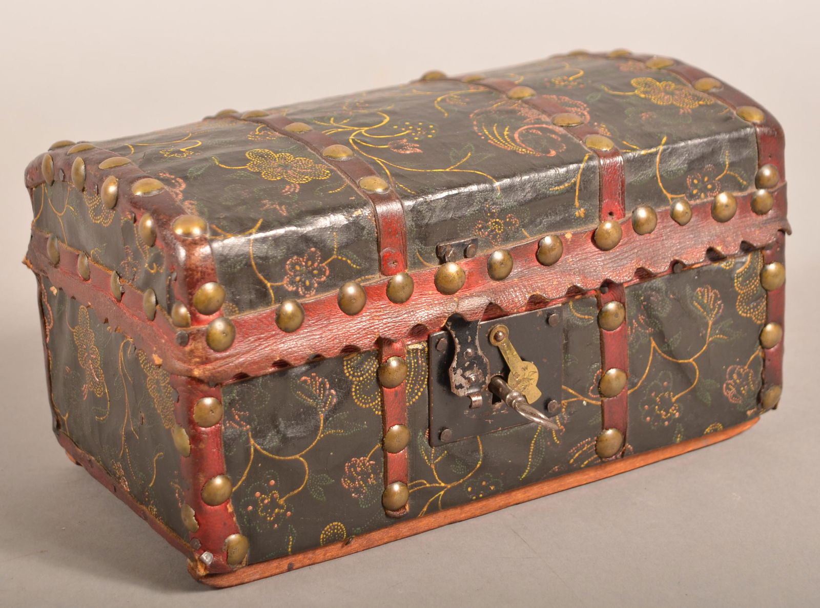 Paint Decorated Leather Covered Wood Trinket Box. (1 of 8)
