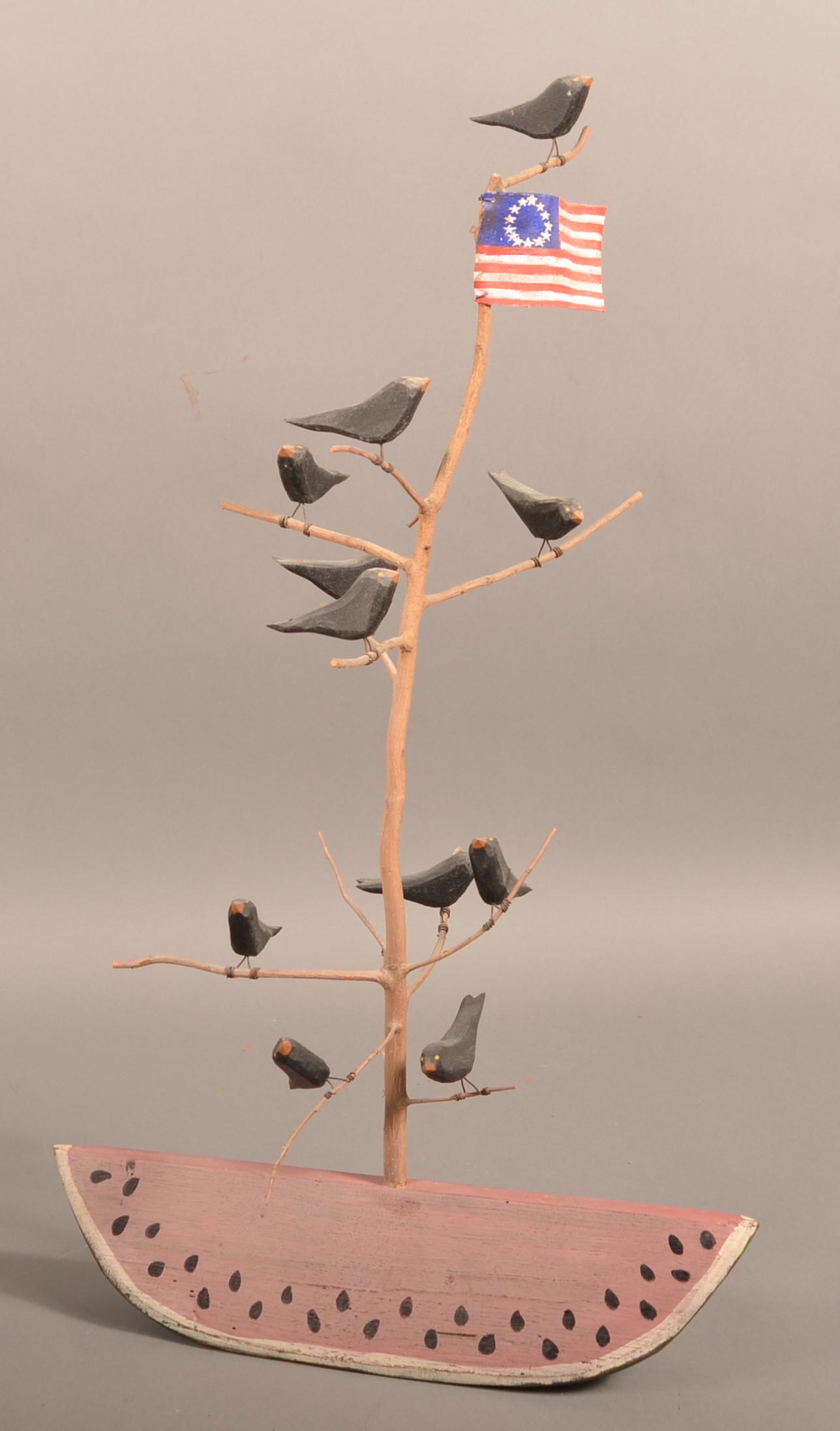 Mary Myers Carved and Painted Wood Folk Art Bird Tree. (1 of 4)