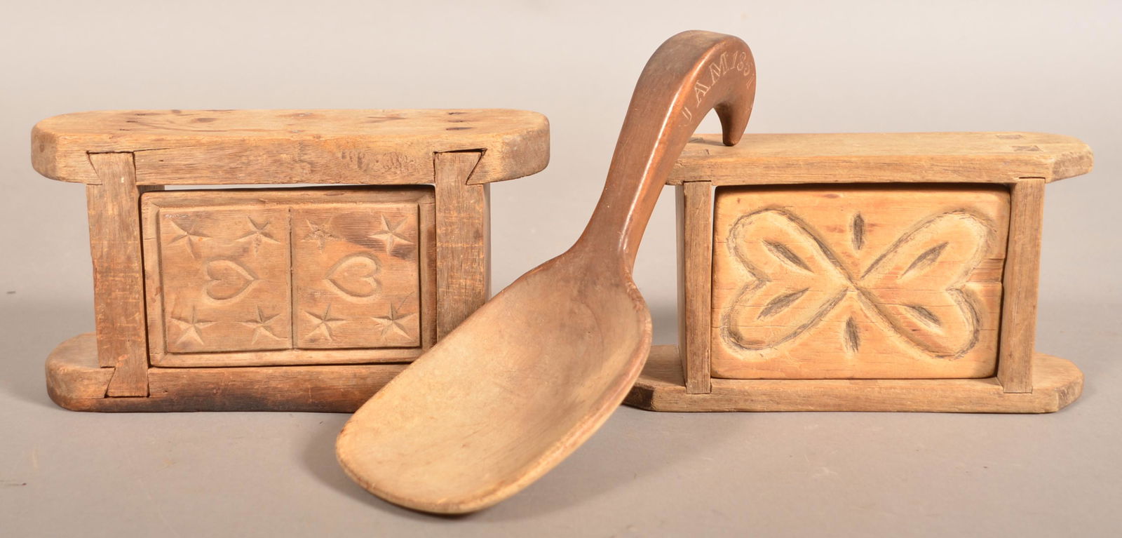 Two PA 19th Century Butter Prints and a Butter Paddle. (1 of 4)