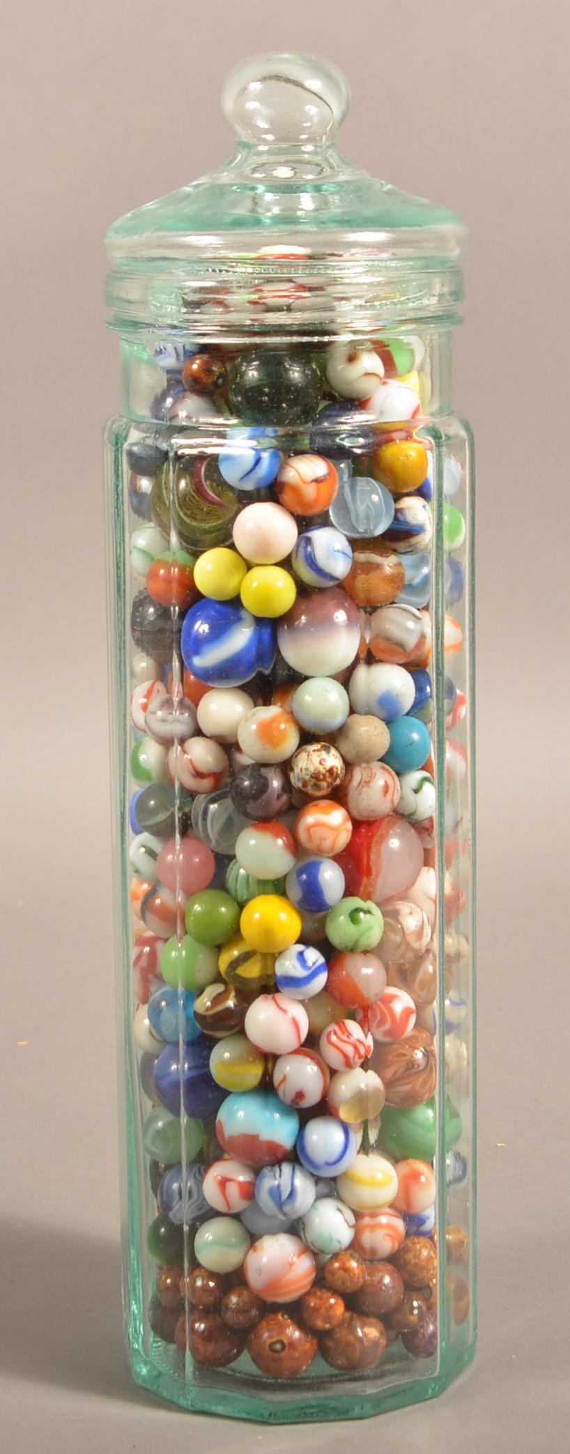 Glass Canister Containing Over 400 Marbles. (1 of 6)