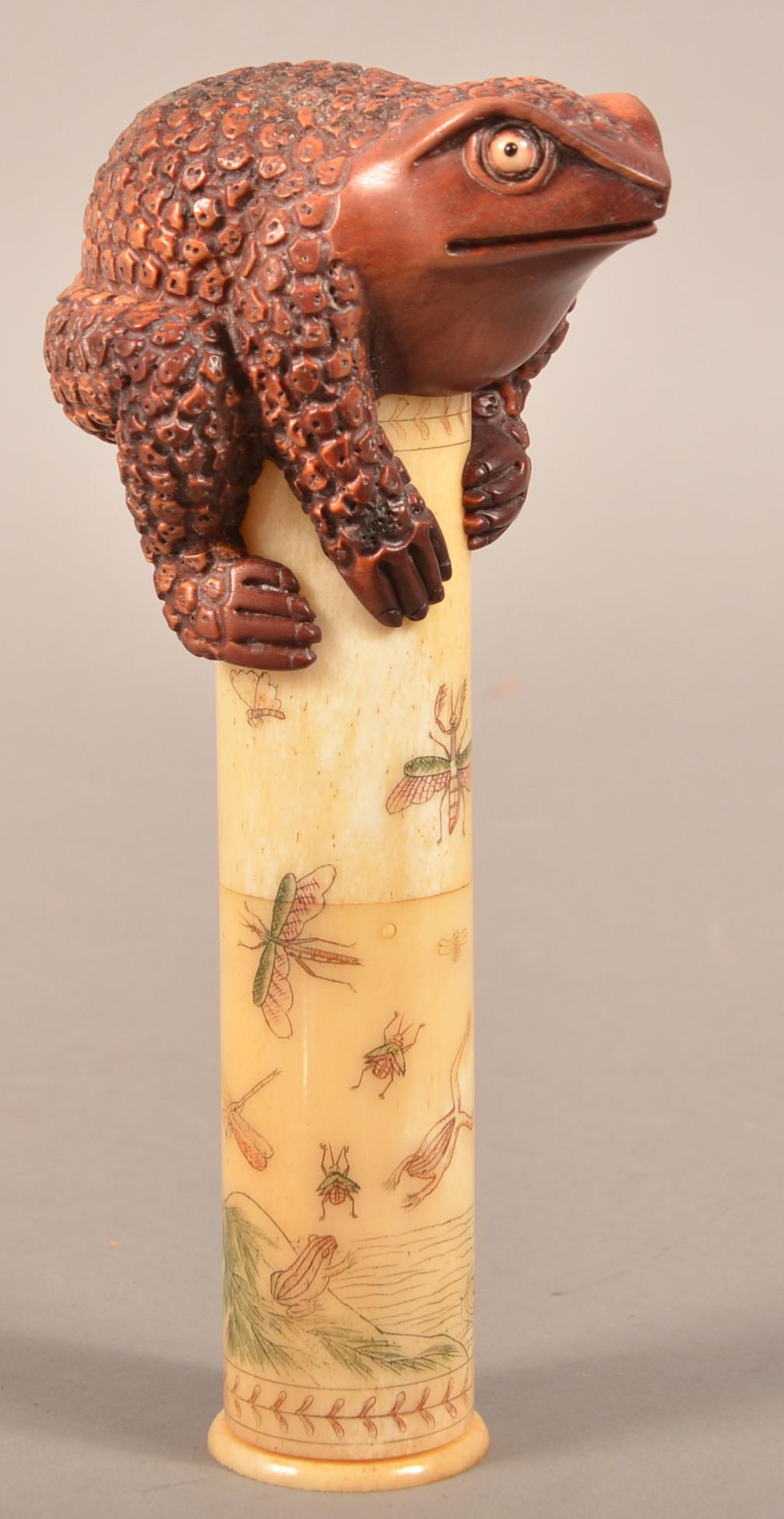Japanese Meiji Period Carved Bone Scroll Canister.: Japanese Meiji Period Carved Bone Scroll Canister. Circa 1868-1912. Cylindrical form having incised and hand-colored motifs depicting insects and water, (shibyama decoration) beneath a carved rosewood