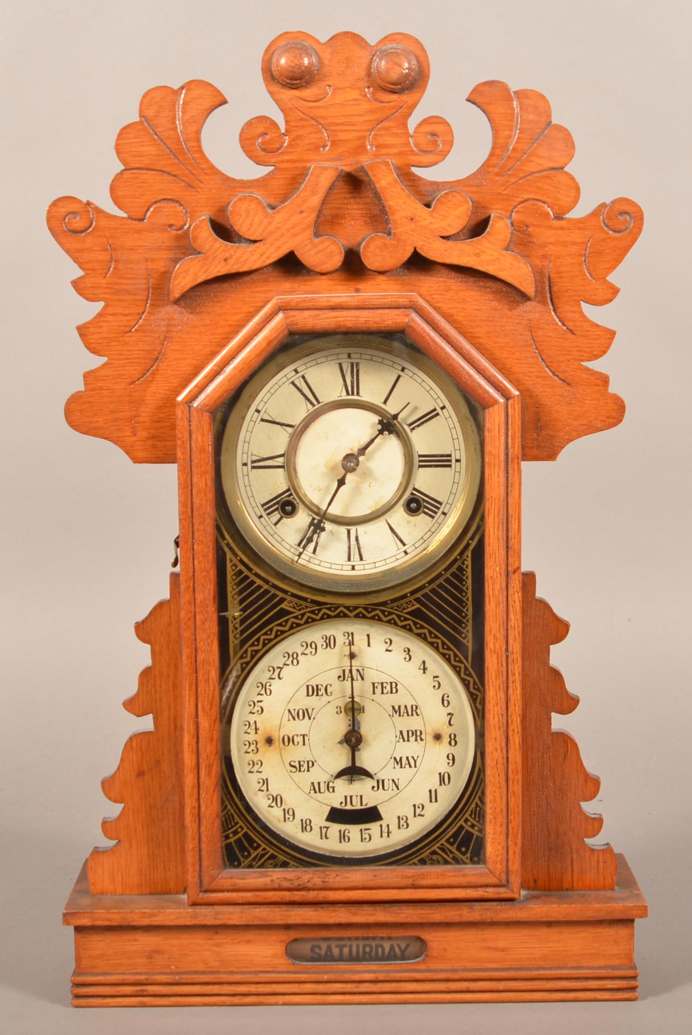 Antique Oak Case Double Dial Calendar Shelf Clock. (1 of 3)