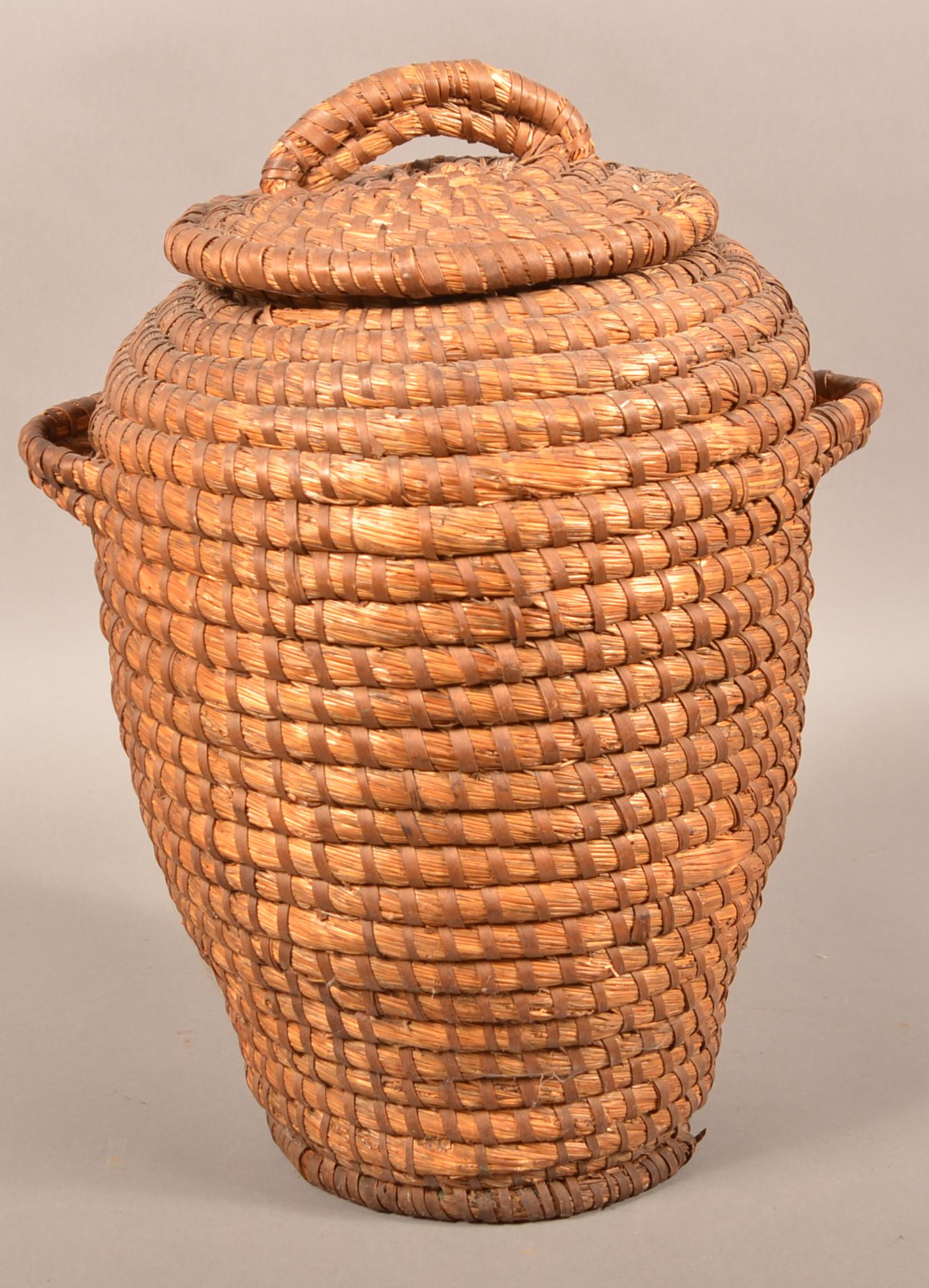 Antique Rye Straw Coil Covered Olla Basket. (1 of 3)