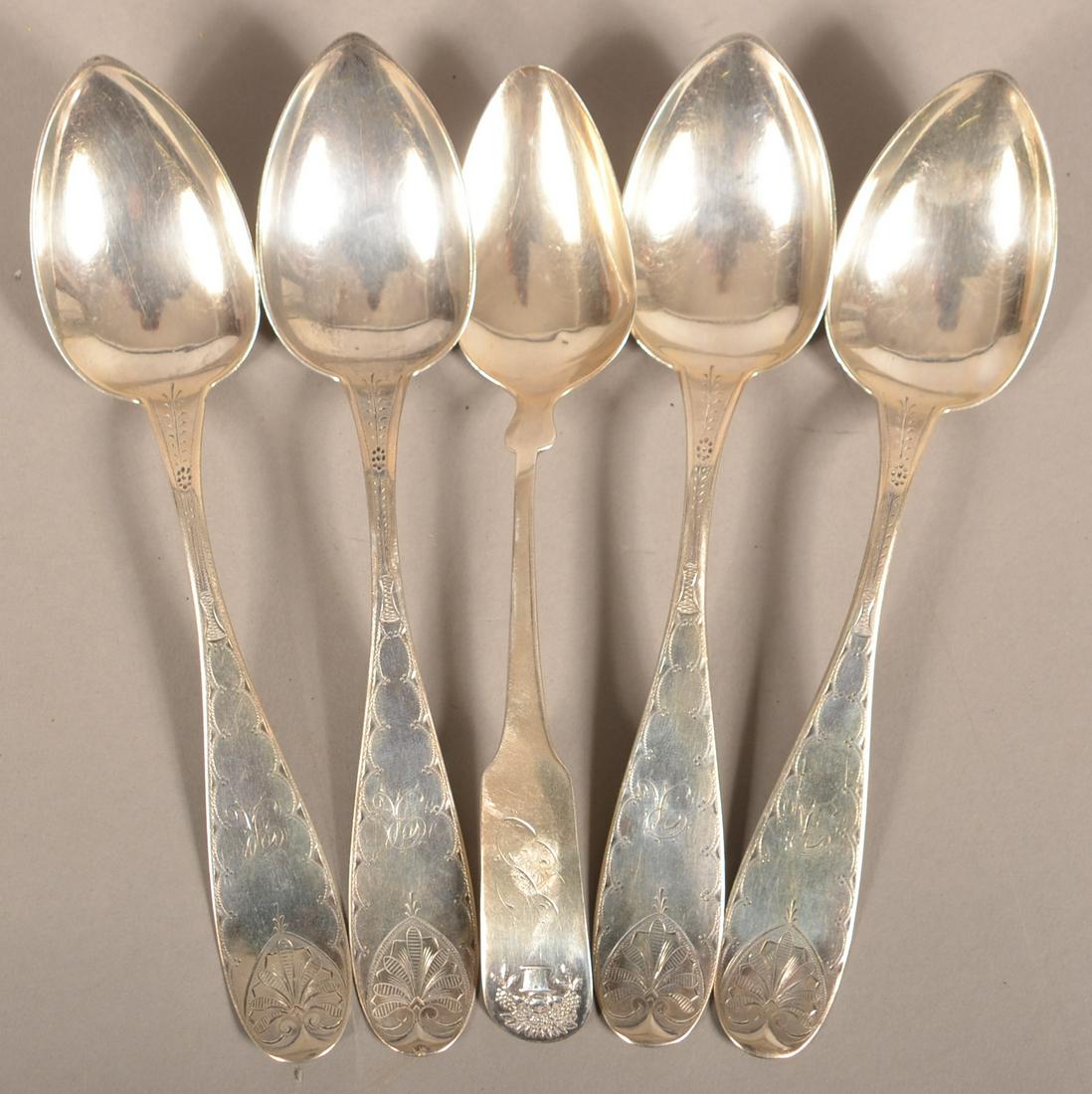 Five Early Coin Silver Teaspoons. (1 of 3)