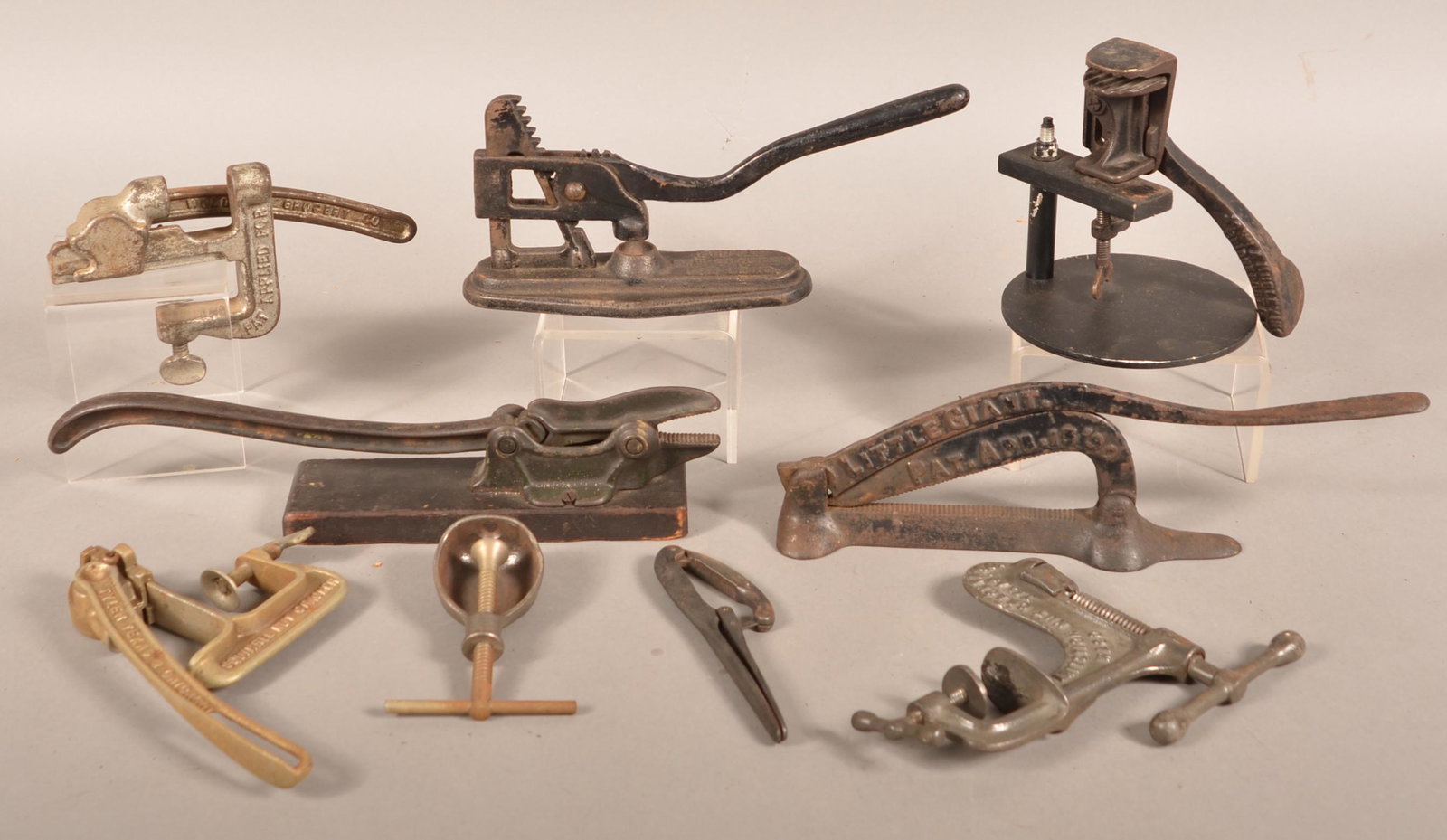9 Antique/Vintage Cast Iron Mechanical Nut Crackers.: Nine Various Antique/Vintage Cast Iron Mechanical Nut Crackers. Largest 13-1/2"l. Condition: Good with scattered rust and use wear.