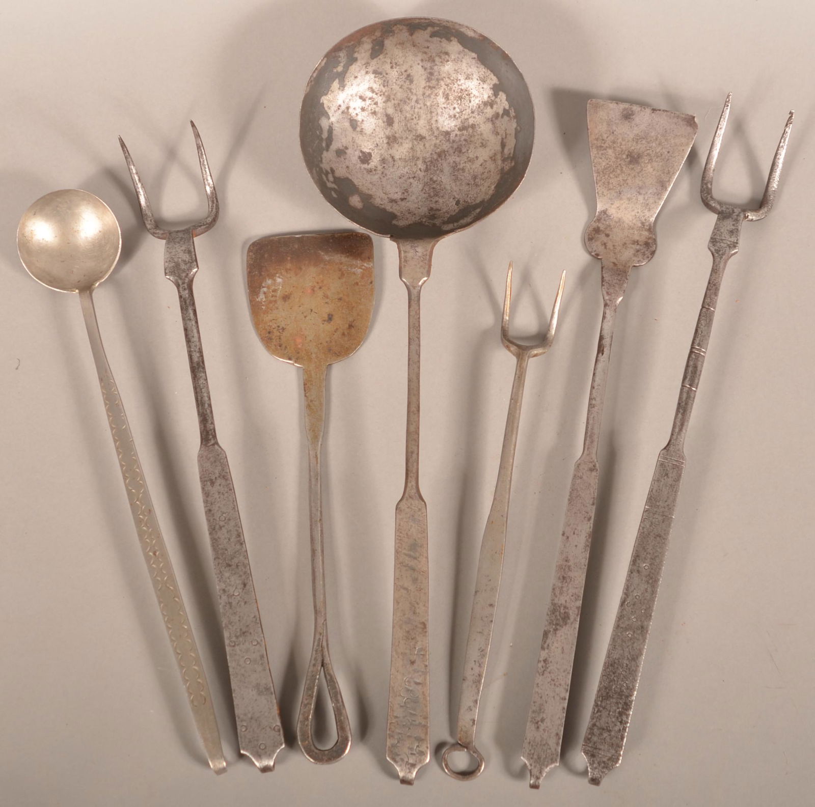 Seven Early 19th Century Wrought Iron Utensils. (1 of 2)