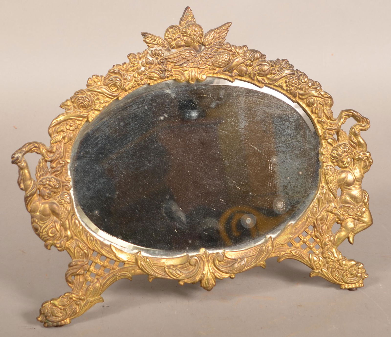 Antique Gilt Cast Iron Frame Oval Stand-Up Mirror. (1 of 4)